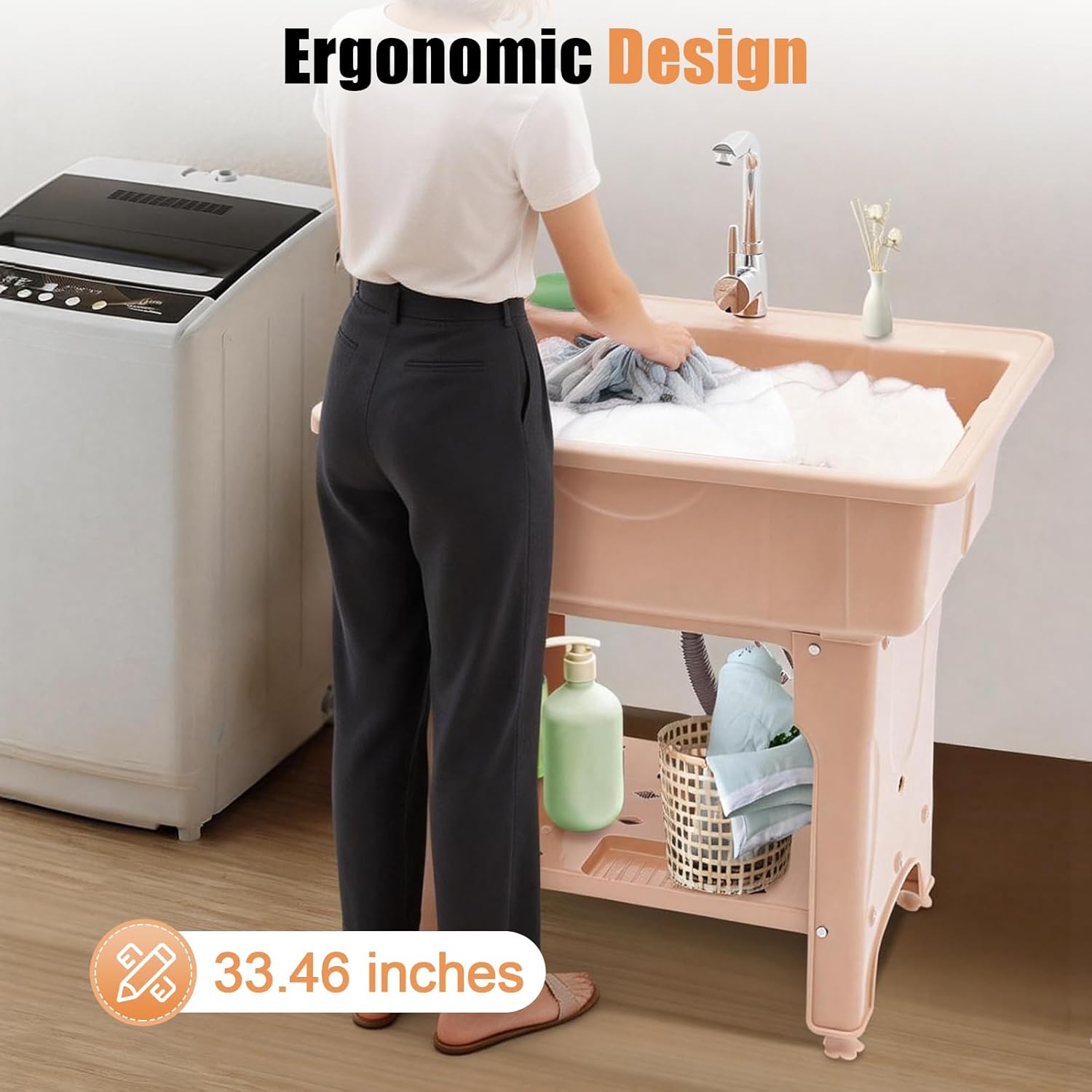 Freestanding Plastic Laundry Sink, 31.5 * 22.05" Indoor & Outdoor Laundry Basin Utility Sink Heavy Duty Sinks w/Washboard & Faucet for Garages Basements & Balconies (Coffee)