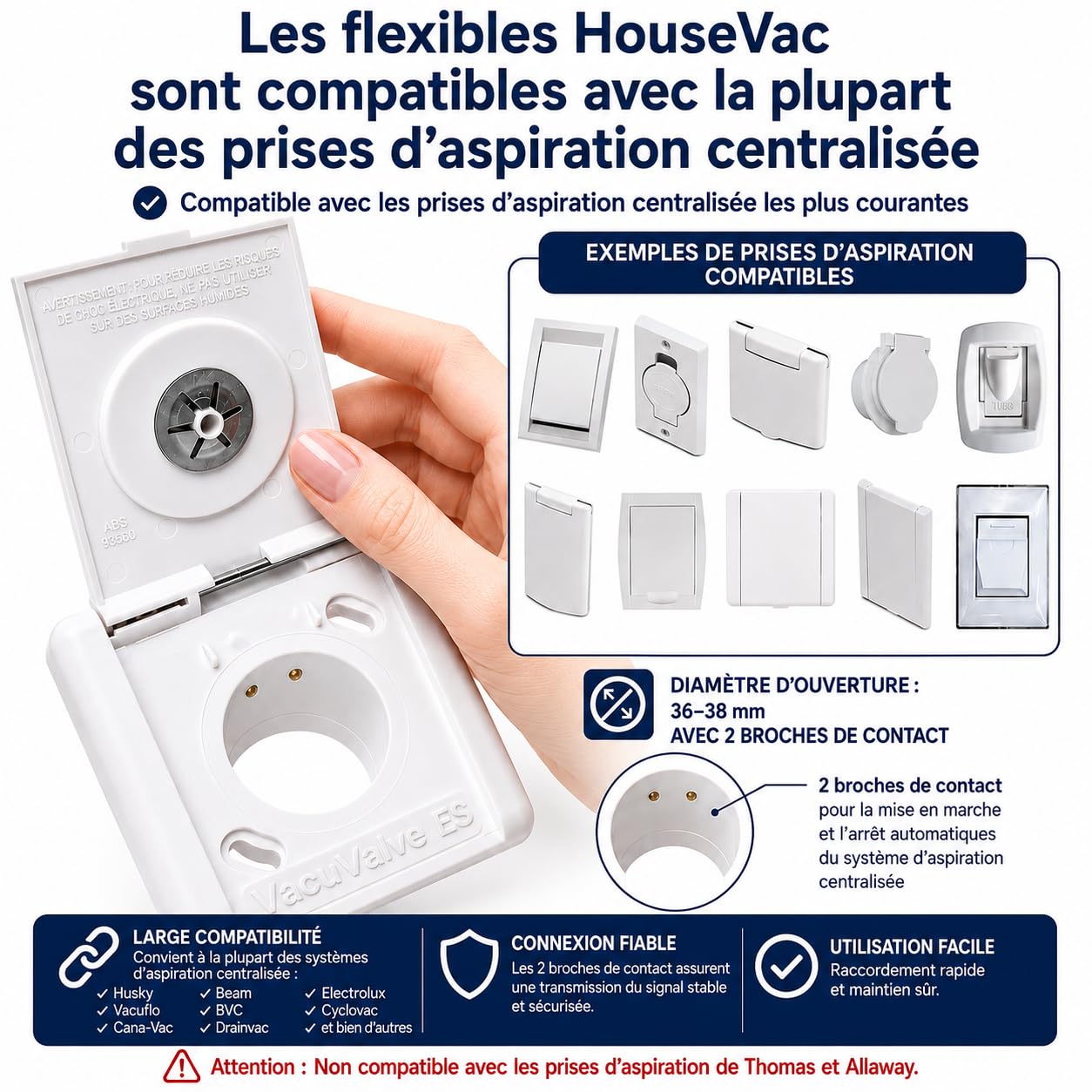 Kit d'accessoires de nettoyage : un tuyau d'aspiration central de 9 m, un tube télescopique avec clip, une brosse double fonction pour tapis et parquets