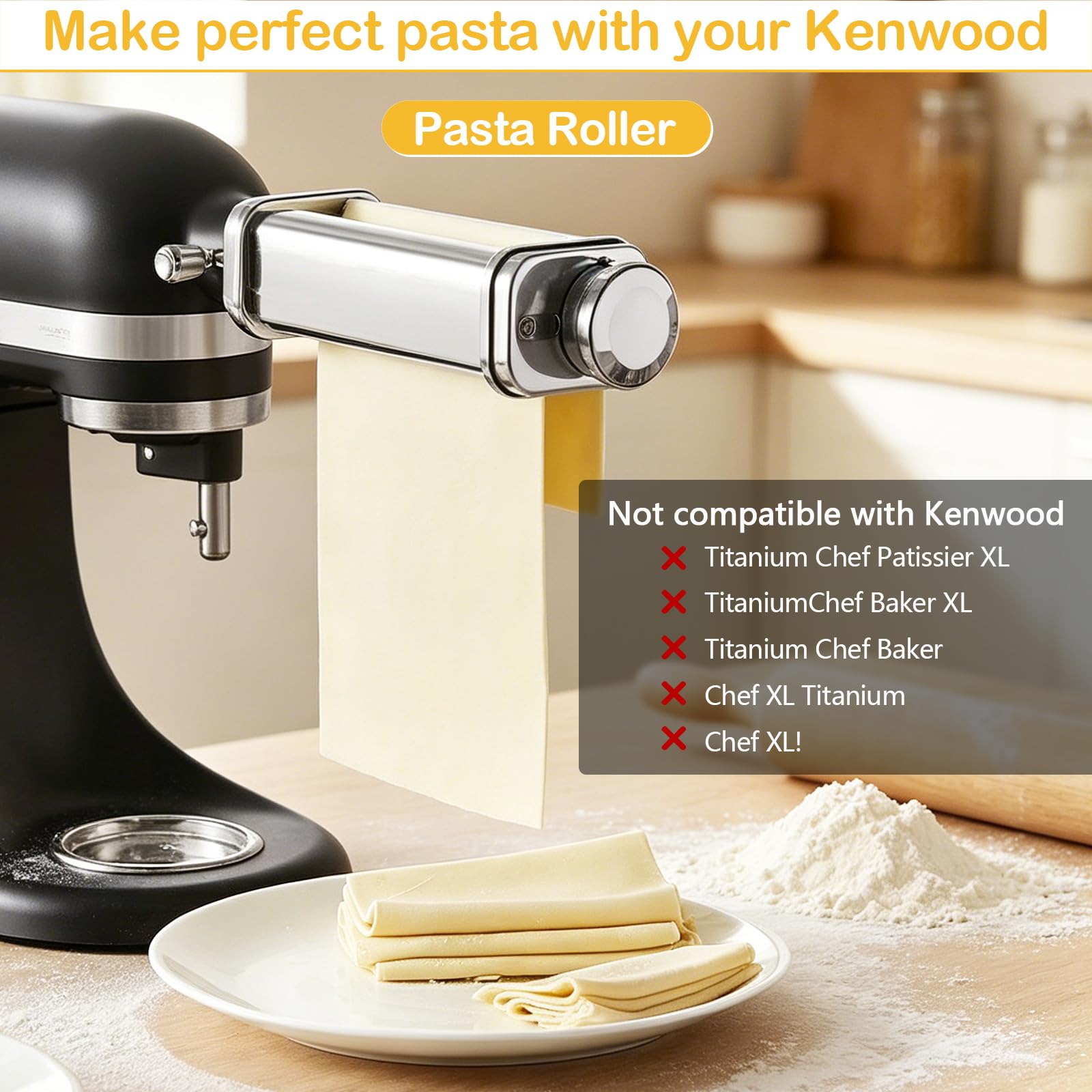Set di accessori per la pasta, 3 pezzi, per robot da cucina Kenwood KVC/KVL, con rullo per spaghetti e fettuccine, accessorio per pasta in acciaio inox 304, con manopola, 8 spessori di impasto