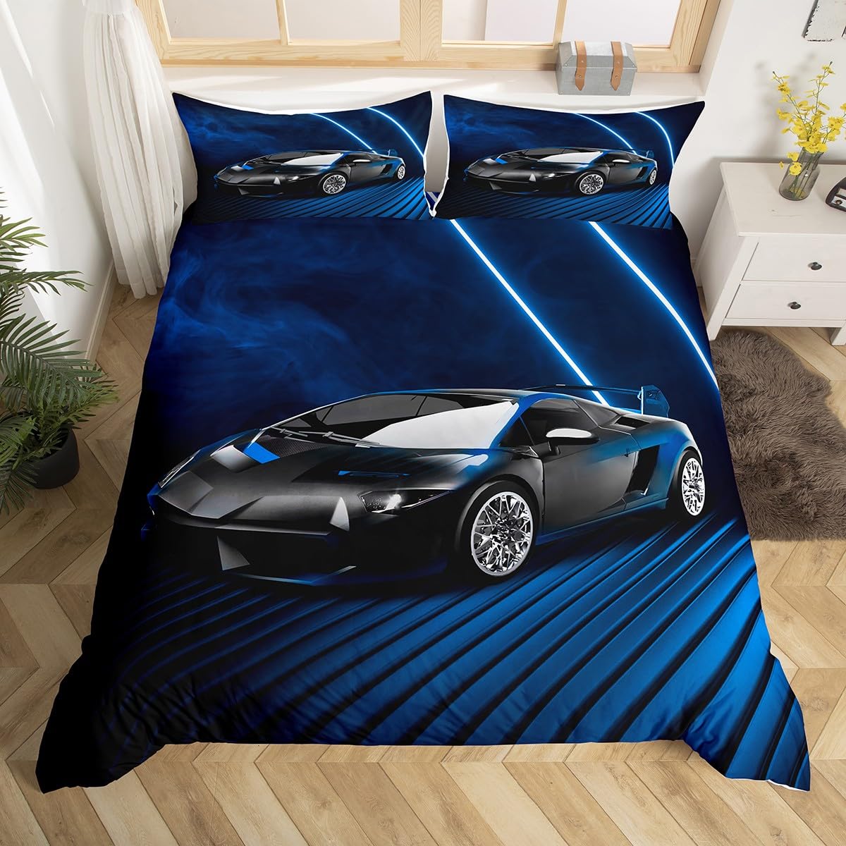 Housse de couette voiture de course 200x200 parure de lit ado garçon bleu couvre lit géométrique