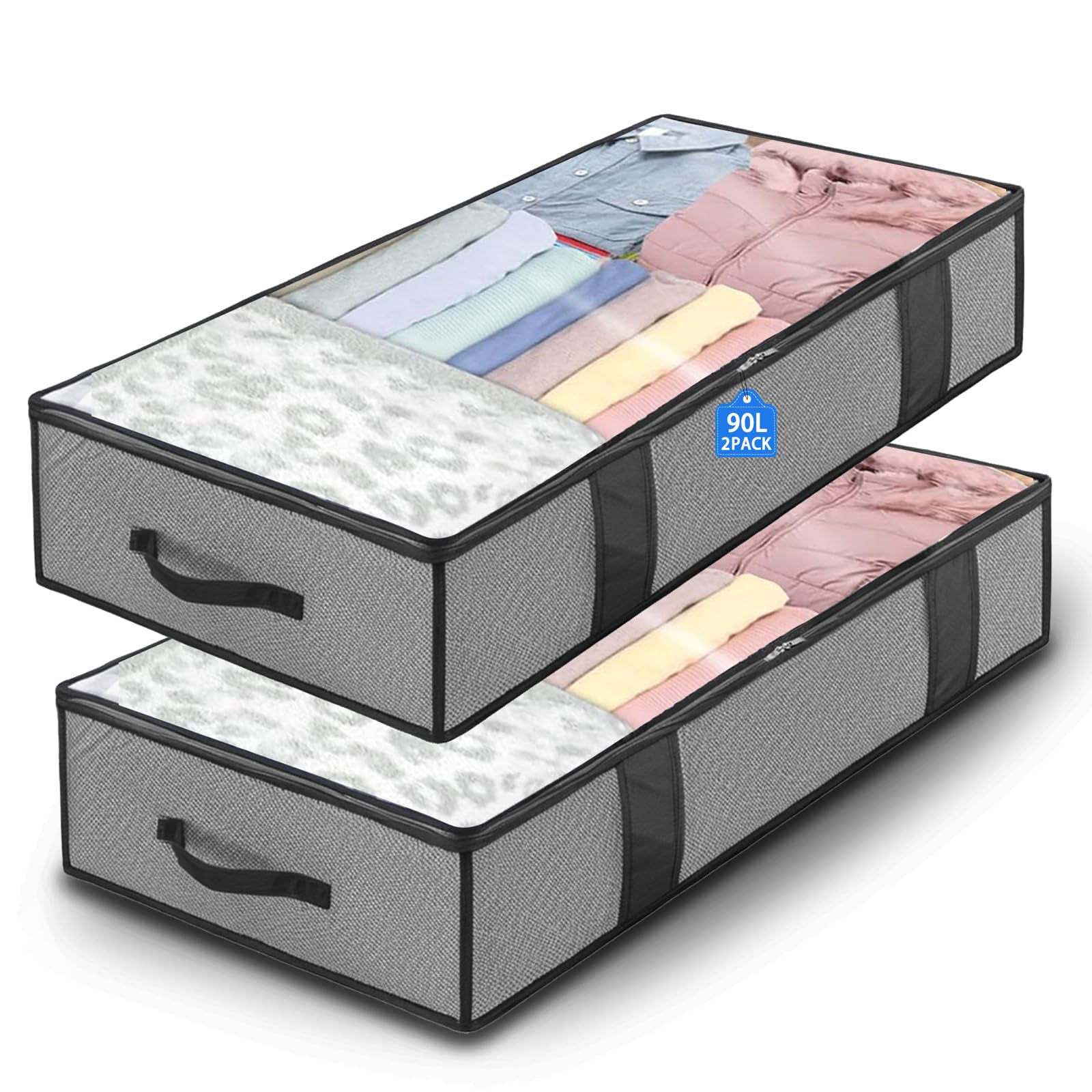 2 Piezas Cajas Almacenaje Ropa 90L - Almacenaje Bajo Cama - Bolsas para Guardar Ropa - con Cremallera y Asas - para Guardar Almohadas, Ropa, Mantas y Edredones