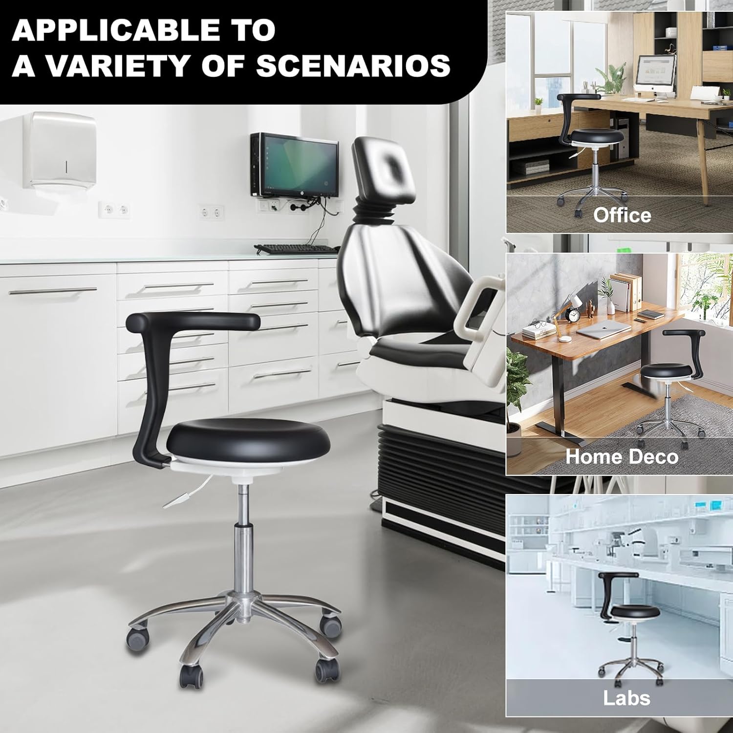 Adjustable Rolling Stool with Back Support – Ergonomic Dental Chair for Dentists, Hygienists, Assistants, Premium Comfort, Smooth Mobility & Durable Design for Long Shifts (Black)