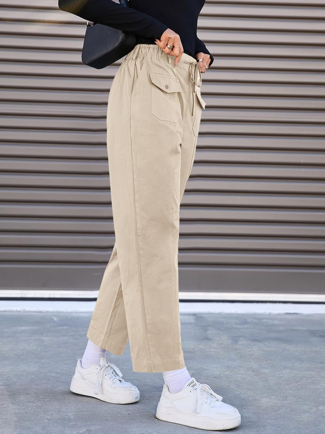 Fisoew Womens 100% Cotton Cargo Pants Drawstring Elastic Waist Casual Hiking Work Pants with Multiple Pockets - Image 5