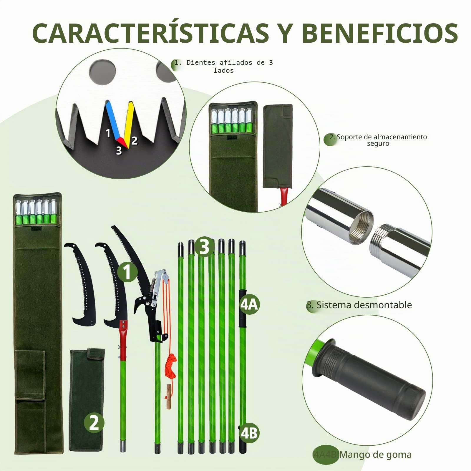 Sierra de podar manual, mango de 8 m, longitud ajustable. Herramientas, pértiga telescópica para poda de palmeras, largo alcance, bolsa de transporte. Corta limpio y rápido ramas altas, con tijera A