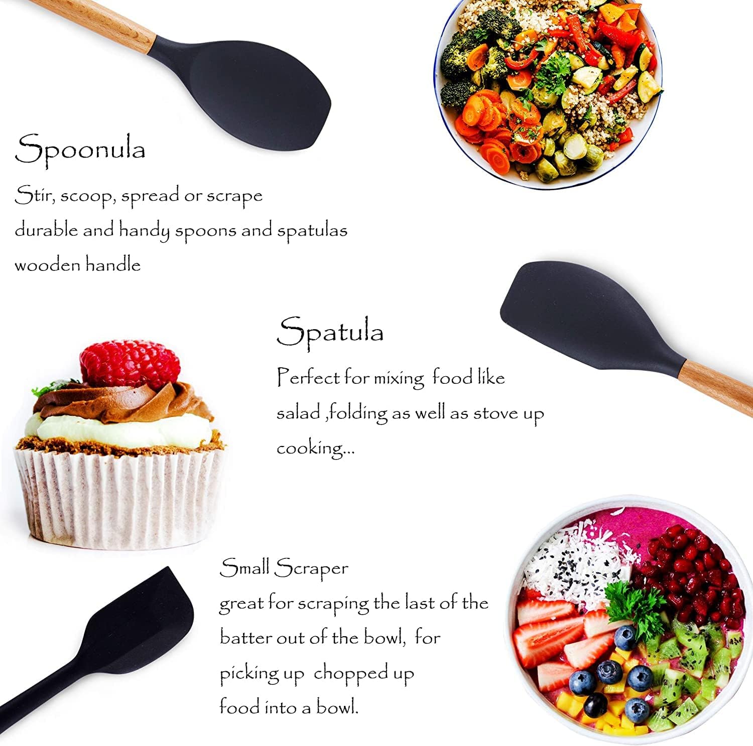 Heat Resistant Silicone Spatulas Set for Nonstick Cookware, Wooden Handle Rubber Spatulas Gray, Kitchen Cooking Spoon Spatula Utensils Set Non-Stick Baking&Mixing Scraper Silicon Spatula sets image 3
