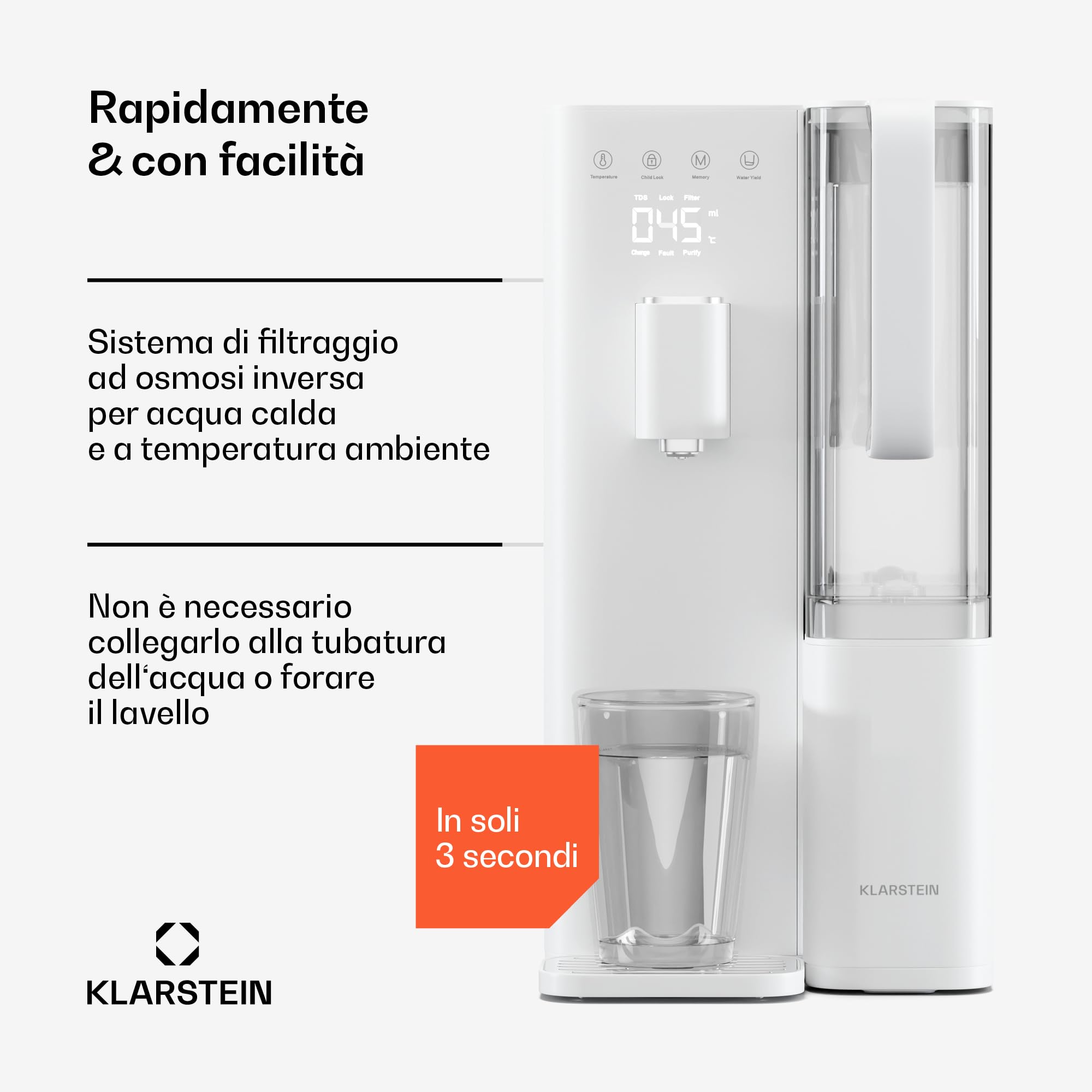 KLARSTEIN VitalPour Filtro Acqua - Osmosi Inversa a 5 Stadi, Dispenser Acqua Calda Istantanea 5 Livelli, Serbatoio 5L & Caraffa 1,5L, Installazione Facile, Pannello Touch, Blocco Bambini
