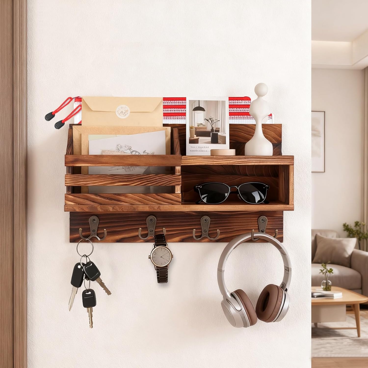 Key and Mail Holder for Wall, Mail Organizer Wall Mount with Shelf, Farmhouse Entryway Decor for Organizing A4 Bags,Wallet, Dog Leash, Sunglass (Brown)