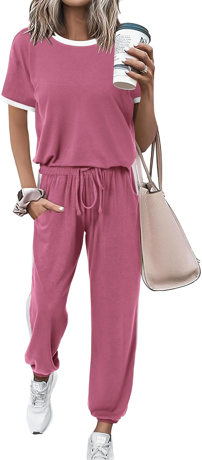 MASCOMODA Womens 2 Piece Outfits 2025 Summer Tracksuit Sets Short Sleeve Tops Travel Long Pants Jogger Lounge Set