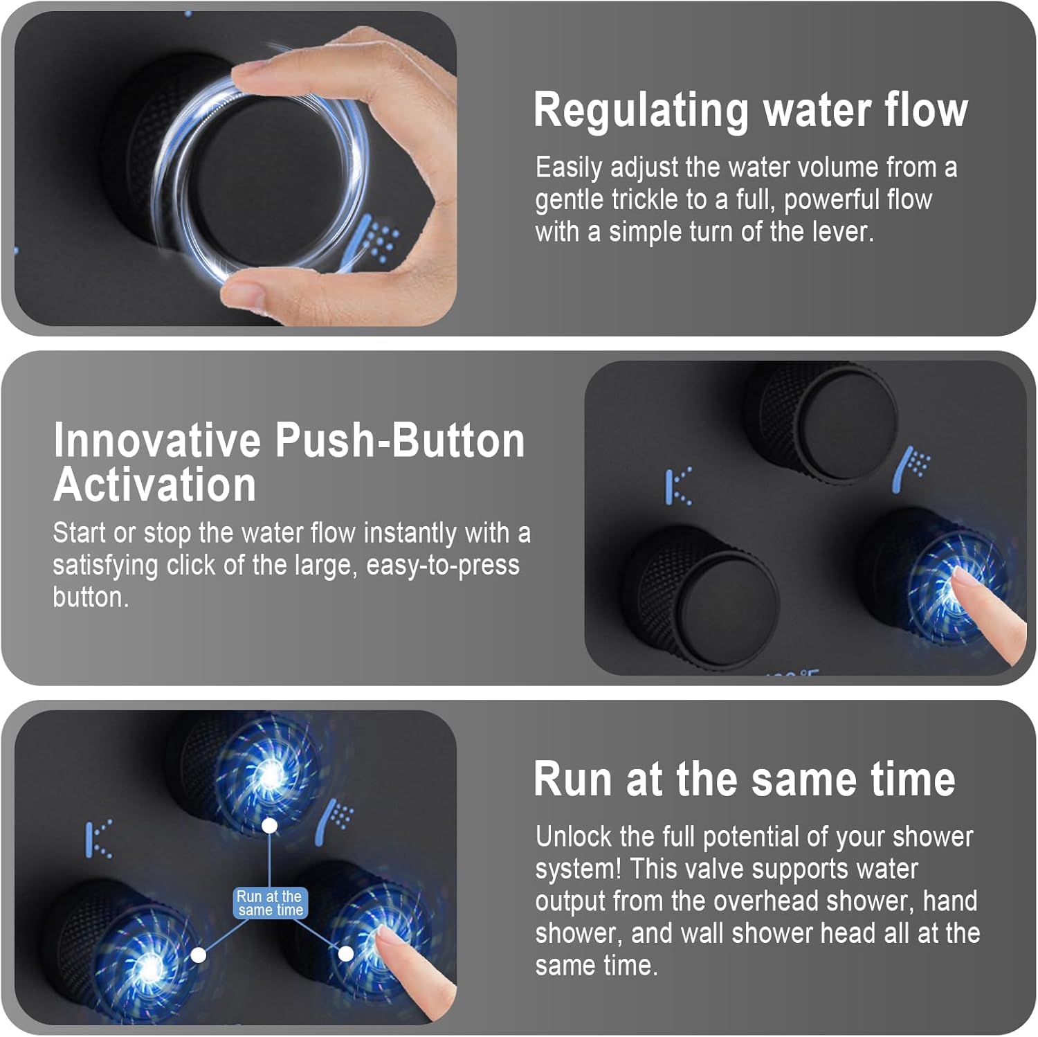 Modern Push Button 3 Way Thermostatic Shower Valve, Concealed Multi Function Brass Faucet Rough-In Mixer Shower Diverter Valve Kit Can Control Flow and On-Off Simultaneously, Matte Black