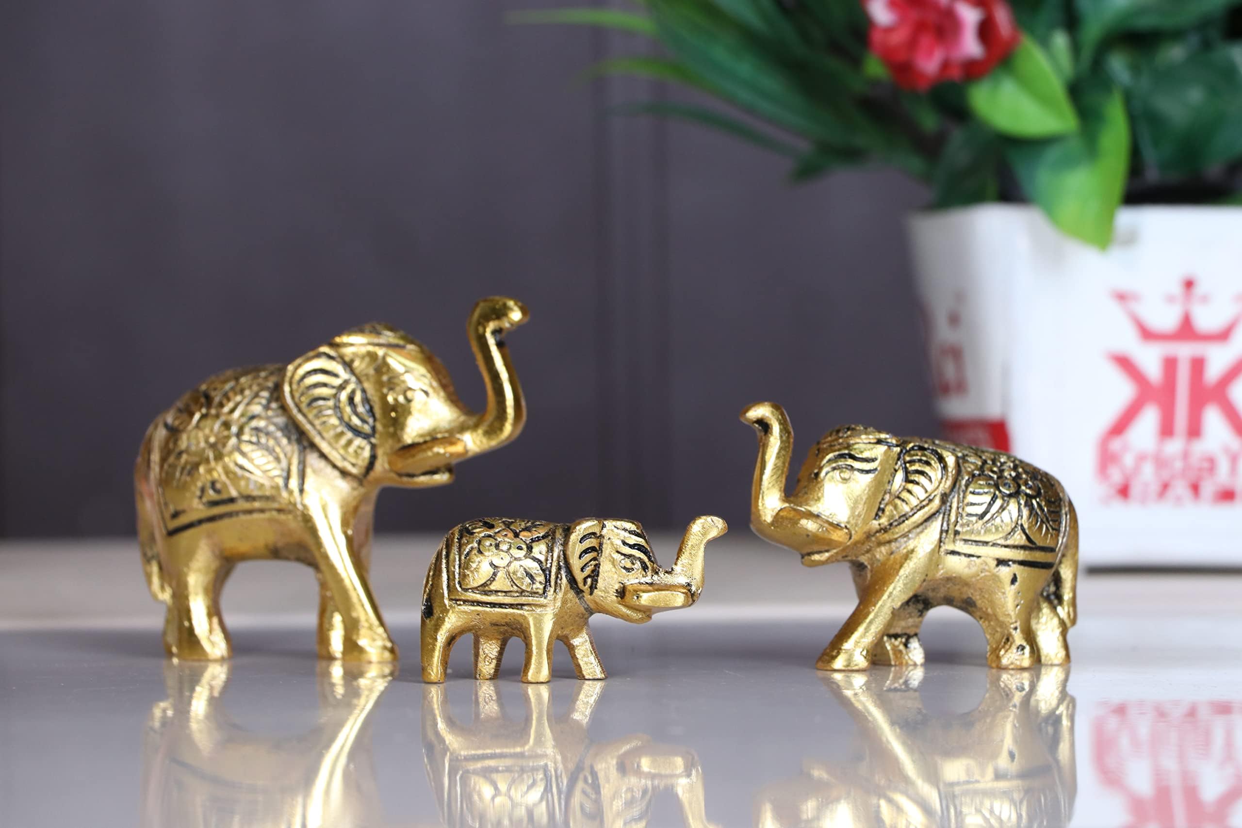 KridayKraft Elephant Showpiece Metal Statue Small Size Gold Polish 3 pcs Set for Decorative Showpiece Enhance Your Home,Office Table Decorative & Gift Article,Animal Idol Figurines...