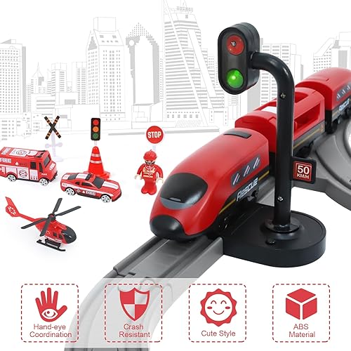 Vista 2 de Wdmiya Juego de trenes para niños pequeños, 73 piezas de juguetes de tren para niños de 3 a 8 años, juegos de trenes eléctricos con pistas