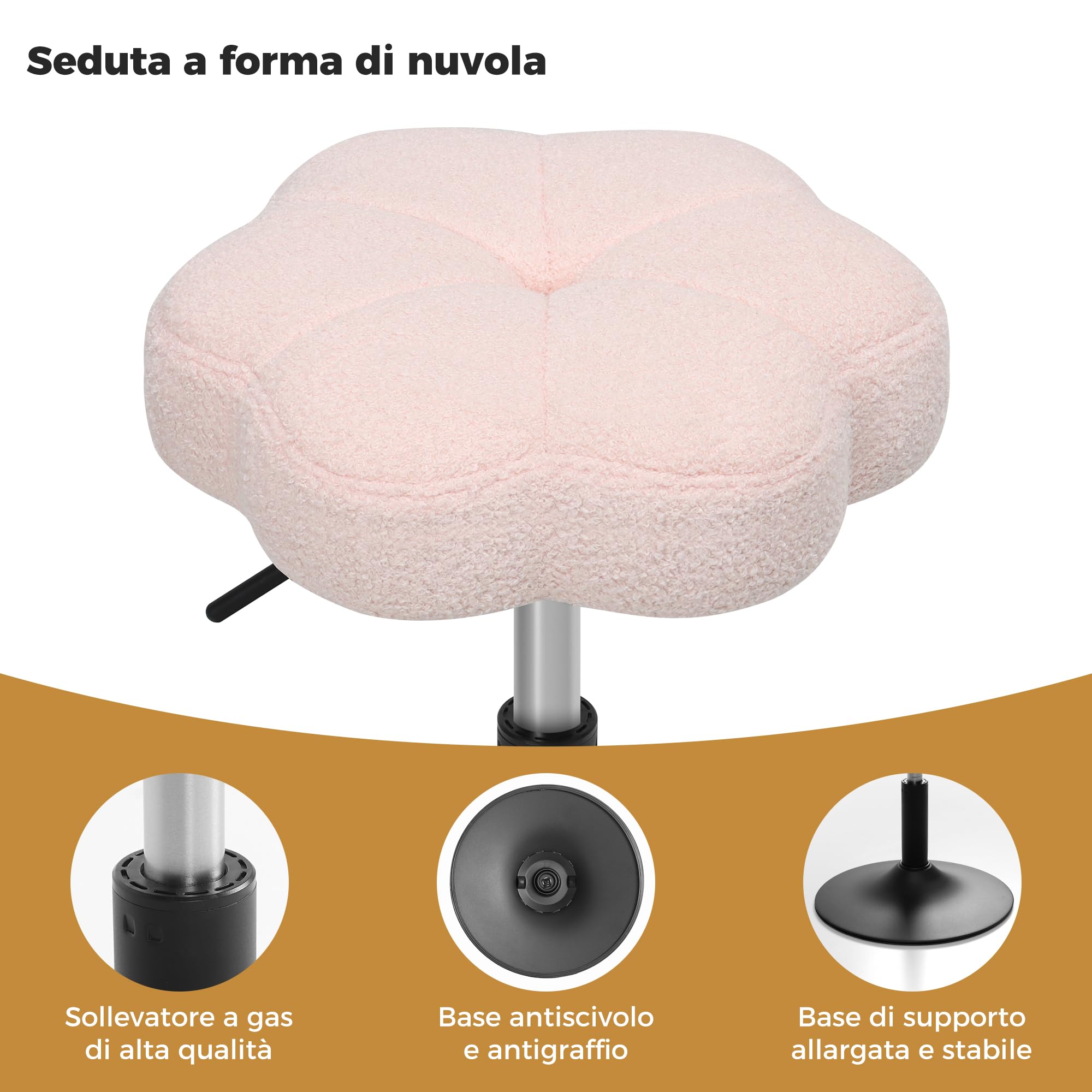 ELUCHANG Sgabello per Toeletta Trucco a Forma Di Petalo, Sedia Trucco Per Camera Da Letto, Sedia Camera da Letto - Regolabile In Altezza 40-52cm, Girevole a 360°, Traspirante Tessuto Sherpa Rosa