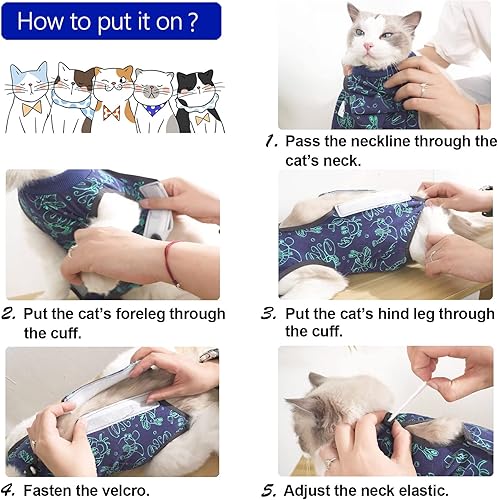 Cat Surgery Recovery Suit Cat Onesie for Cats After Surgery Spay Surgical Abdominal Wound Skin Diseases E-Collar Alternative Wear (Grey-Blue-M)(Dark blue,Large)