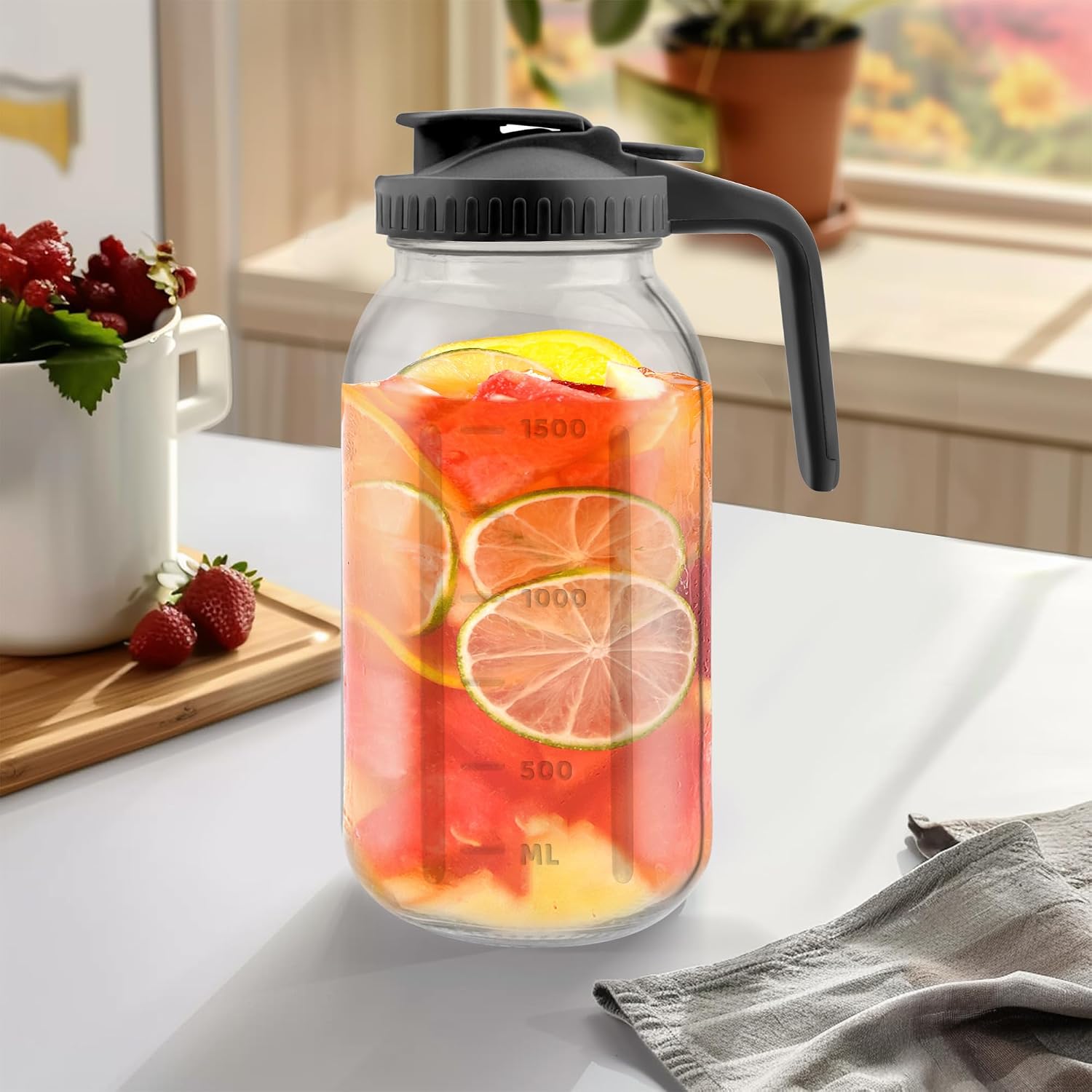 Heavy Duty Mason Jar Pitcher, 64 oz Glass Pitcher with Lid 2 Pack