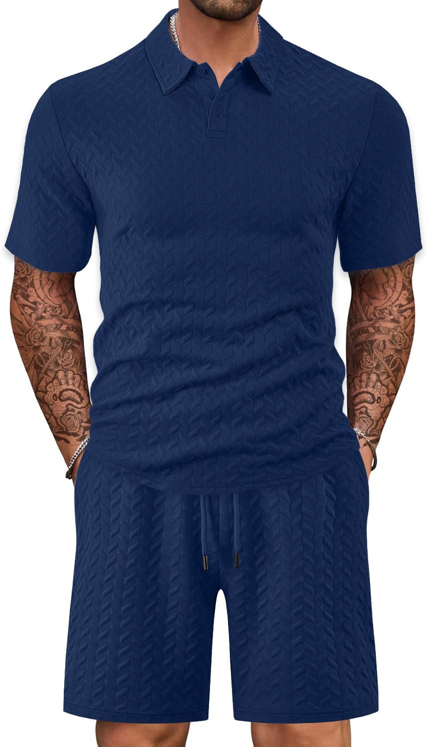 Men's 2 Piece Set Summer Outfits Casual Geometric Texture Short Sleeve Shirt and Shorts Track Suits for Men Set