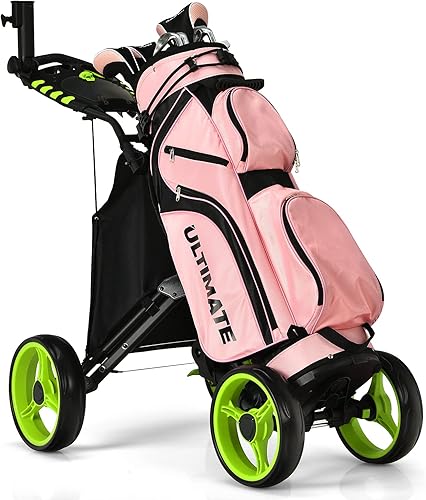 Miniatura 10 de GYMAX Carrito de golf plegable, carrito portátil de altura ajustable con soporte para paraguas, bolsa impermeable, enfriador integrado y freno de