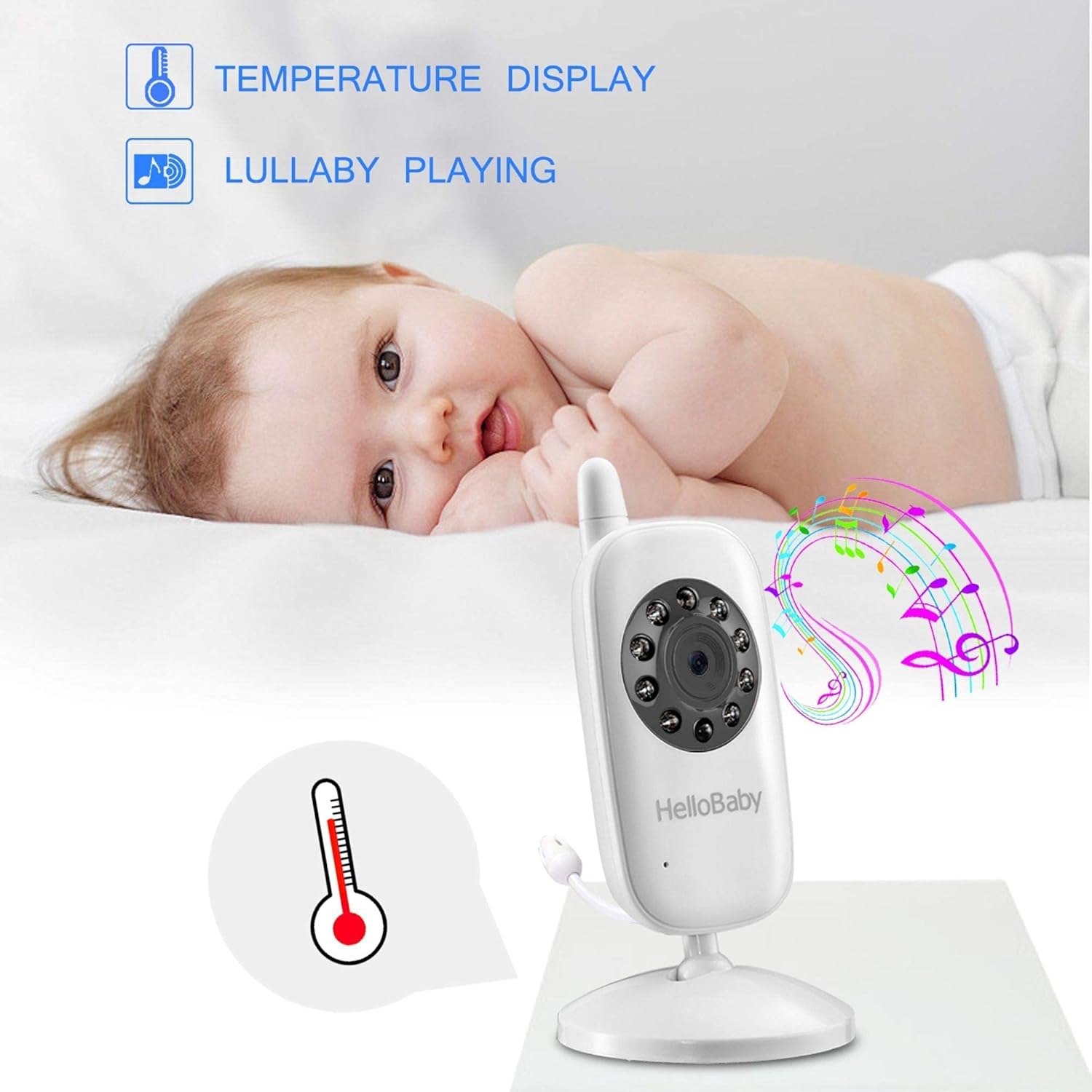Baby monitor camera and screen showing temperature and music notes