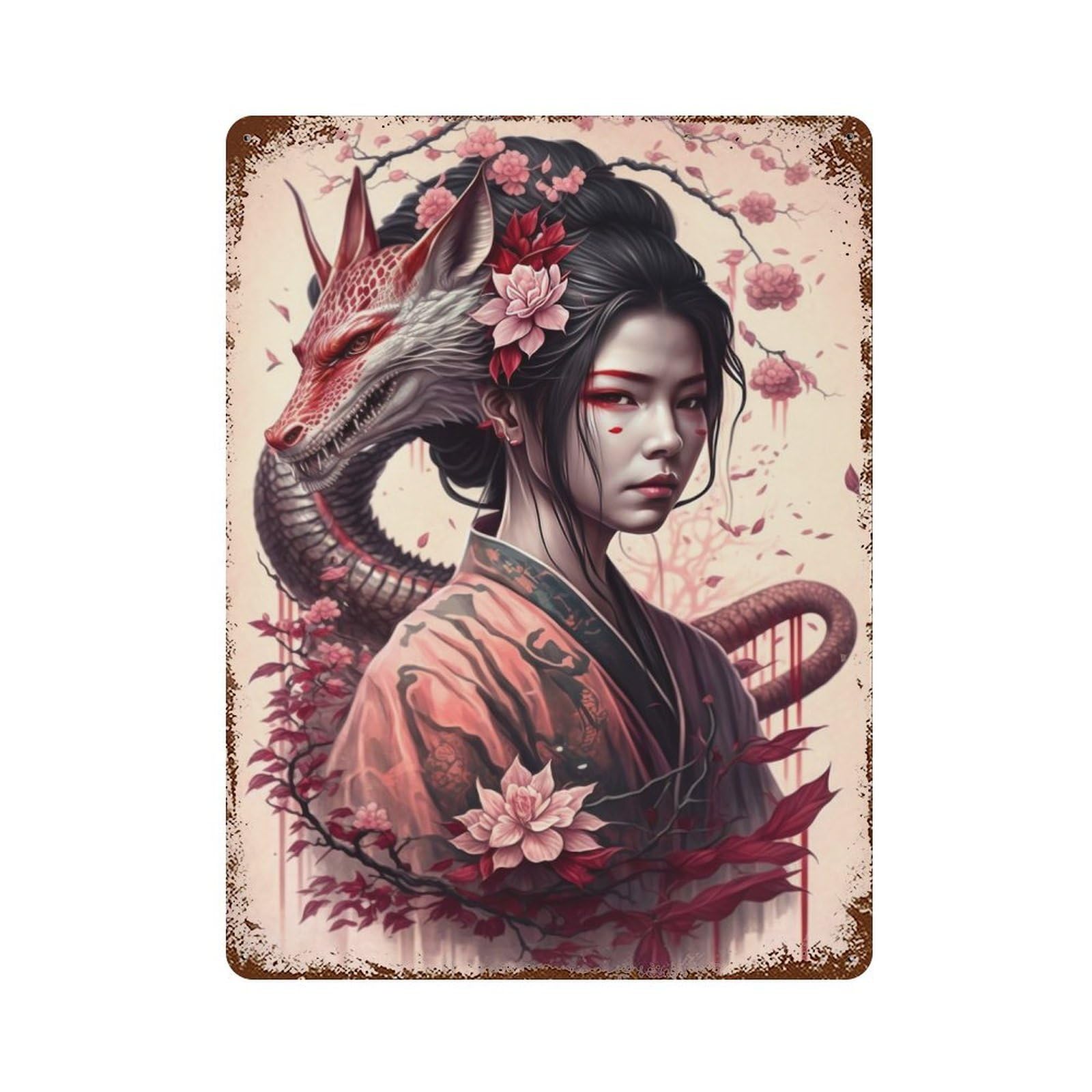 Geisha Dragon Decorative Tin Sign 15.7"x11.8", Rustic Home Decor for Garage, Pub Or Kitchen