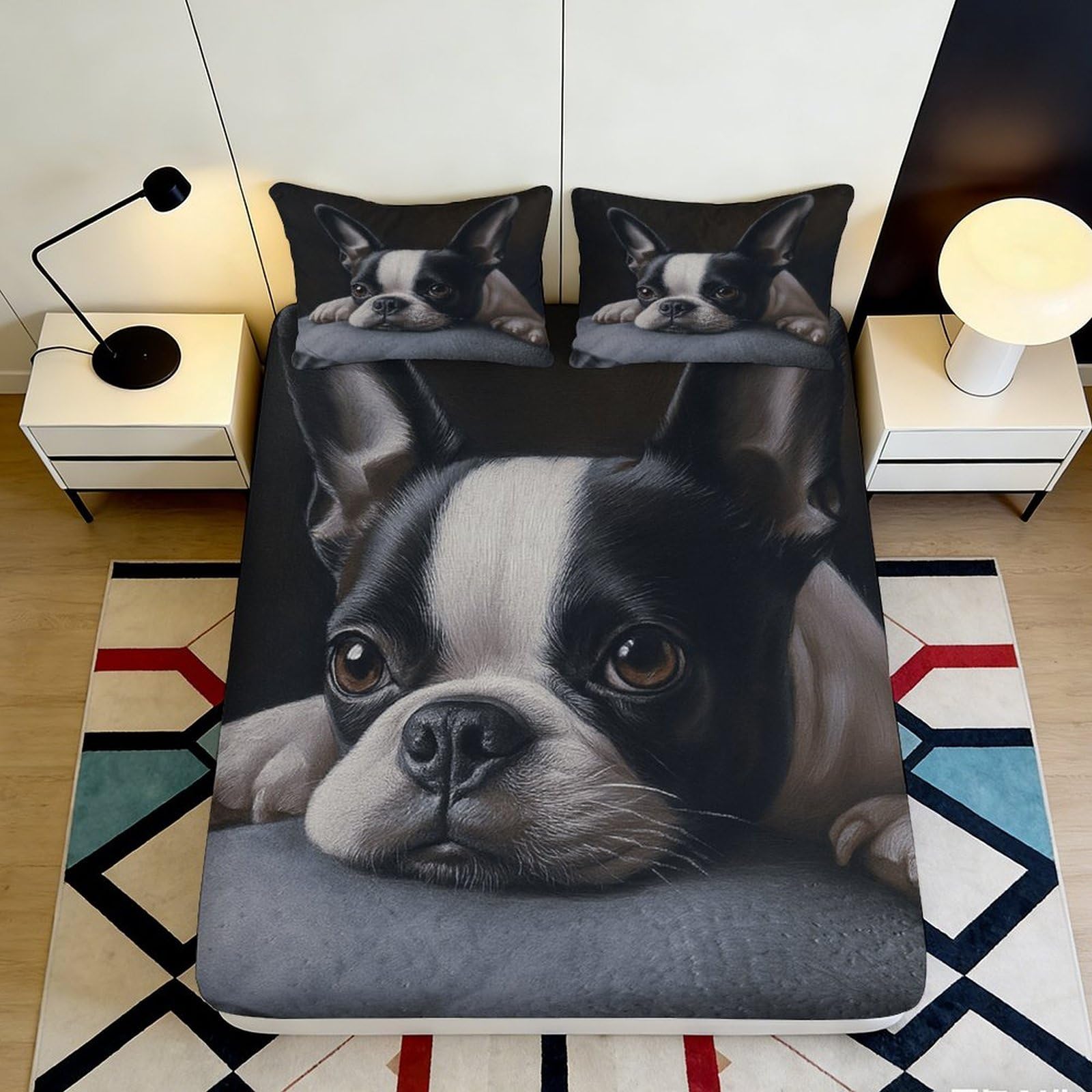 3D Printed Boston Terrier Fitted Sheet Microfiber Soft Durable Black White Dog Printed Bed Cover for Bedroom Dormitory Guest Room Mattress Protection 160x200x25cm