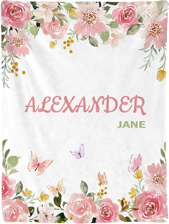 Personalized Baby Blanket For Girls - Custom Name With Pink Floral Design, Super Soft 30"x40" Keepsake Gift