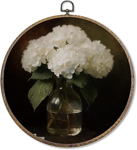 FUGWN Arte de pared redondo floral de hortensias blancas vintage, enmarcado, impresiones de lienzo retro de hortensias de cabaña, decoración para