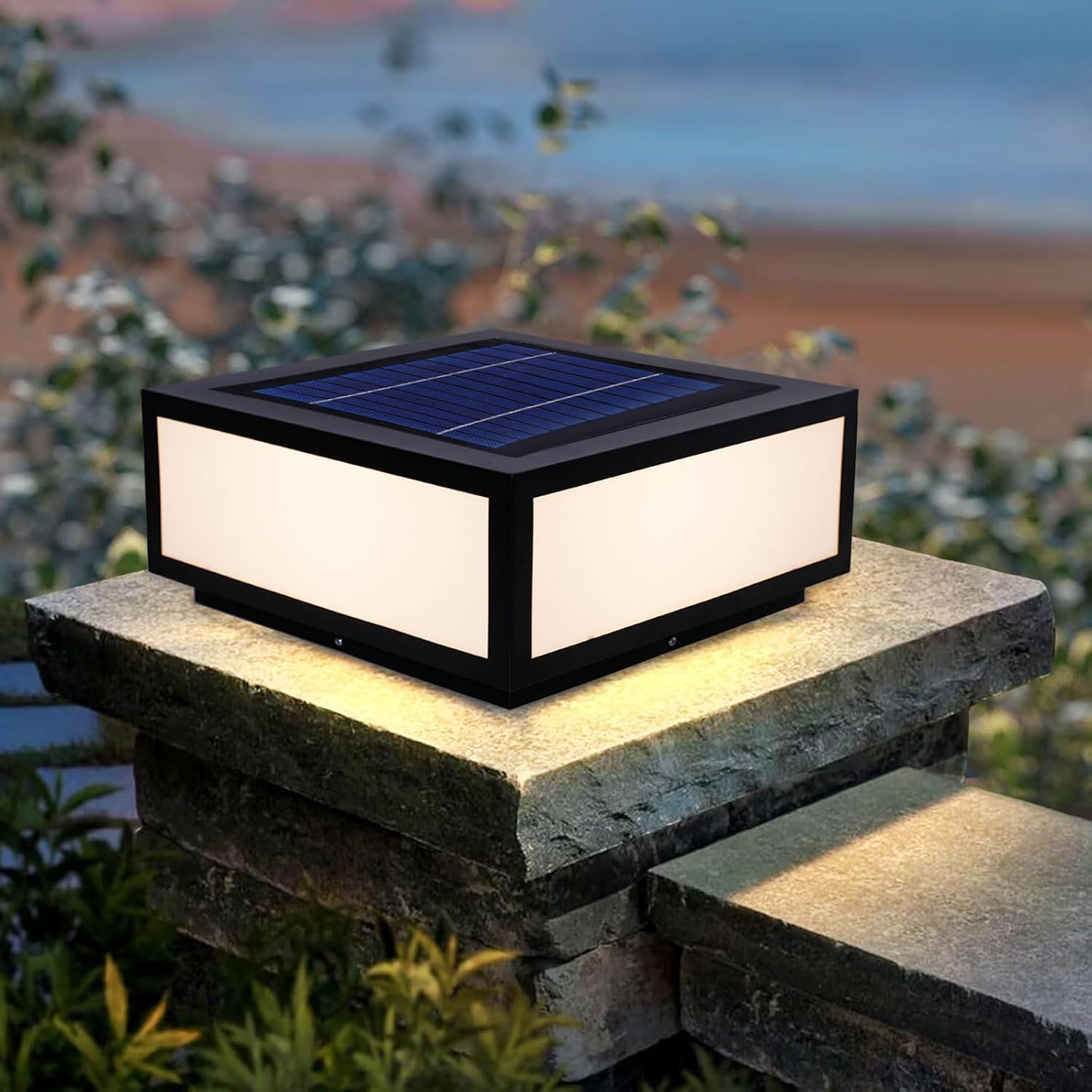 Outdoor Solar Post Light, 15.74"x15.74" Modern LED Fence Deck Cap Light Solar Column Lamp for Flat Surface Patio Garden Decoration with IP54 Waterproof E26~E27 Base Solar Powered 15.74" 15.74"L x 15.74"W x 7.48"H