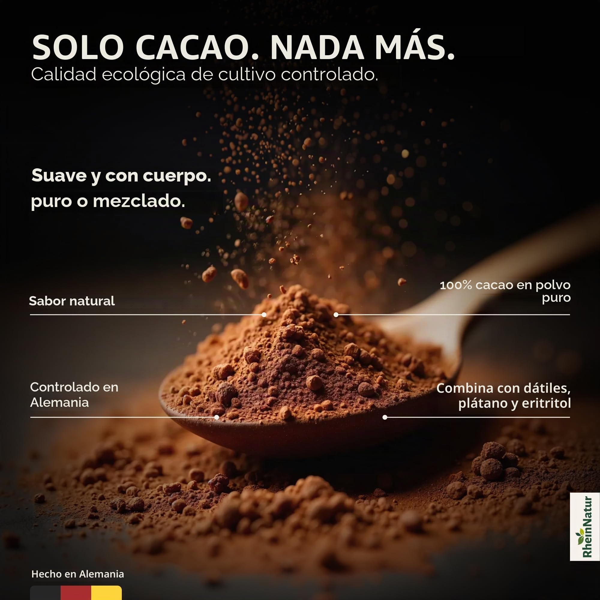 Cacao en polvo orgánico RheinNatur 1 kg – 100% puro, sin azúcar, ideal para hornear