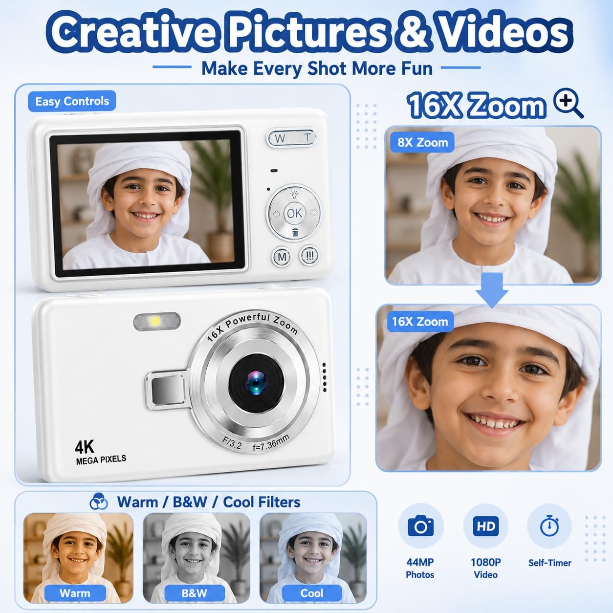 كاميرا رقمية، كاميرا FHD 1080P بوينت اند شوت للاطفال مع تقريب 16X، مضادة للاهتزاز، بطاقة 32GB - كاميرا رقمية صغيرة للاطفال هدية للاولاد والبنات - 32GB - 1080P 2026 - view 5