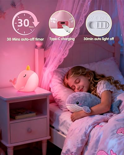 Miniatura 3 de Fuloon Luz nocturna de ballena rosa, lámpara de silicona blanda para niños con control táctil, luz nocturna segura y relajante para niños y bebés,