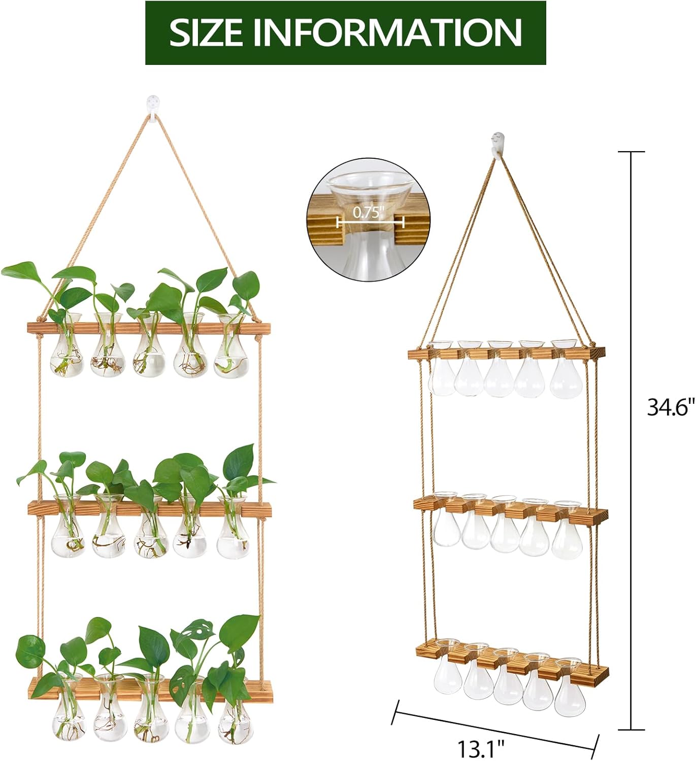 XXXFLOWER Wall Hanging Propagation Station with Wooden Stand 5 Bulb Vase 3 Tiers Planters Wall Terrarium for Home Office Plant Hanger Flower Vases Wall Decor - Image 2