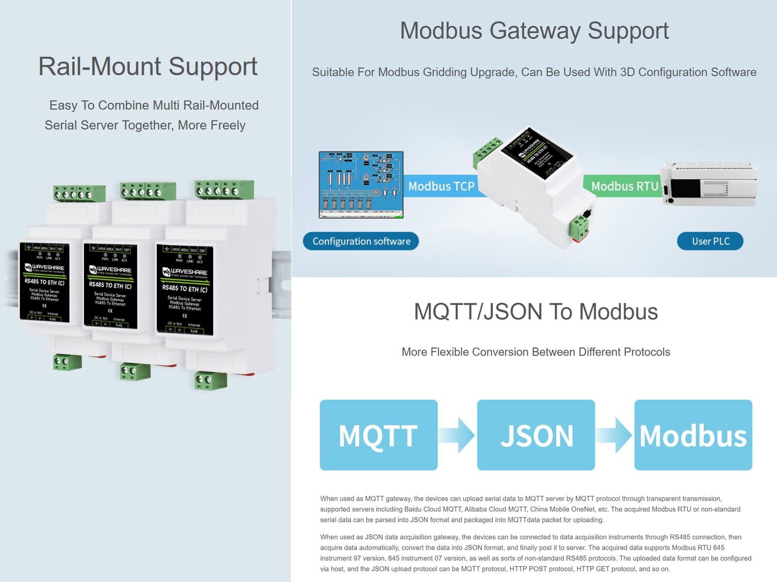 RS485 vers RJ45 Ethernet Convertisseur Module, Industriel RS485 Serveur Sériel, TCP/IP vers Série Module, Modbus Gateway, Alimentation 6~36V, Support pour Montage sur Rail