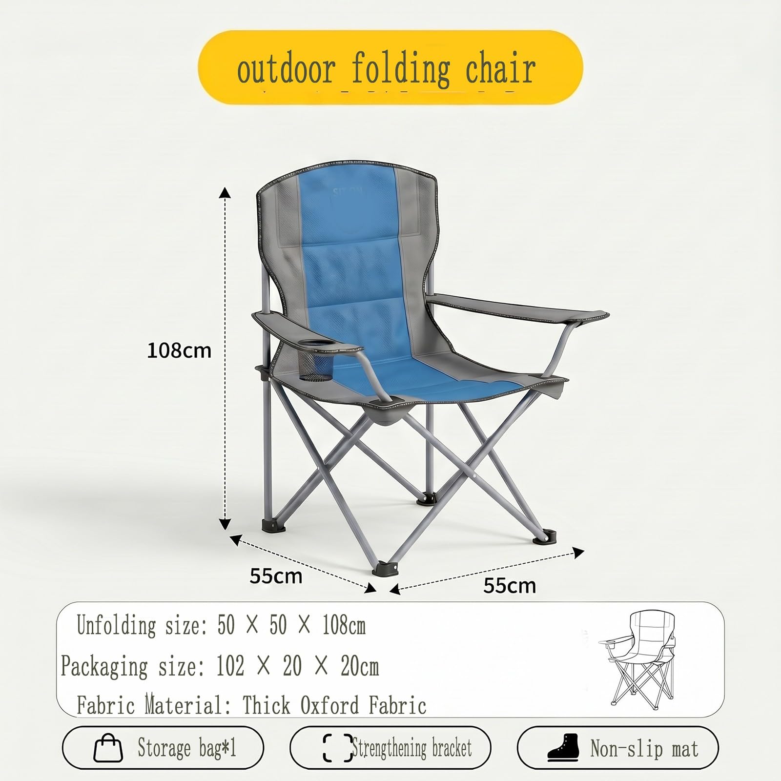 Chaise de Camping Pliable Surdimensionnée Portable avec Porte Gobelets et Accoudoirs Cadre Stable pour Extérieur Intérieur Camping Pêche Couleur Noir Gris B