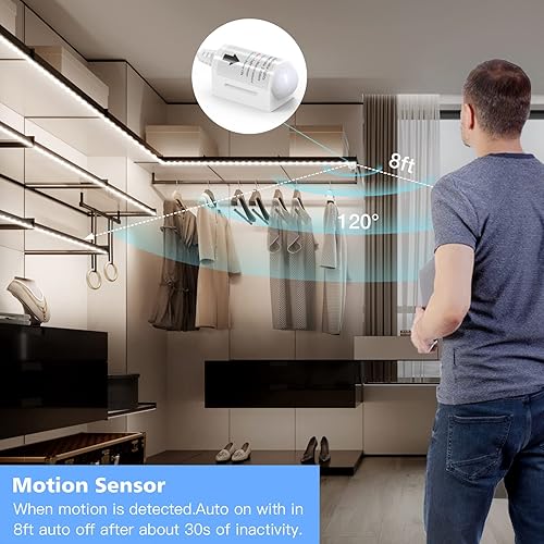 Miniatura 3 de WOBANE Tira de luz LED blanca, tira de luz activada por movimiento de 16.4 pies con control remoto y adaptador, luz nocturna, regulable, función