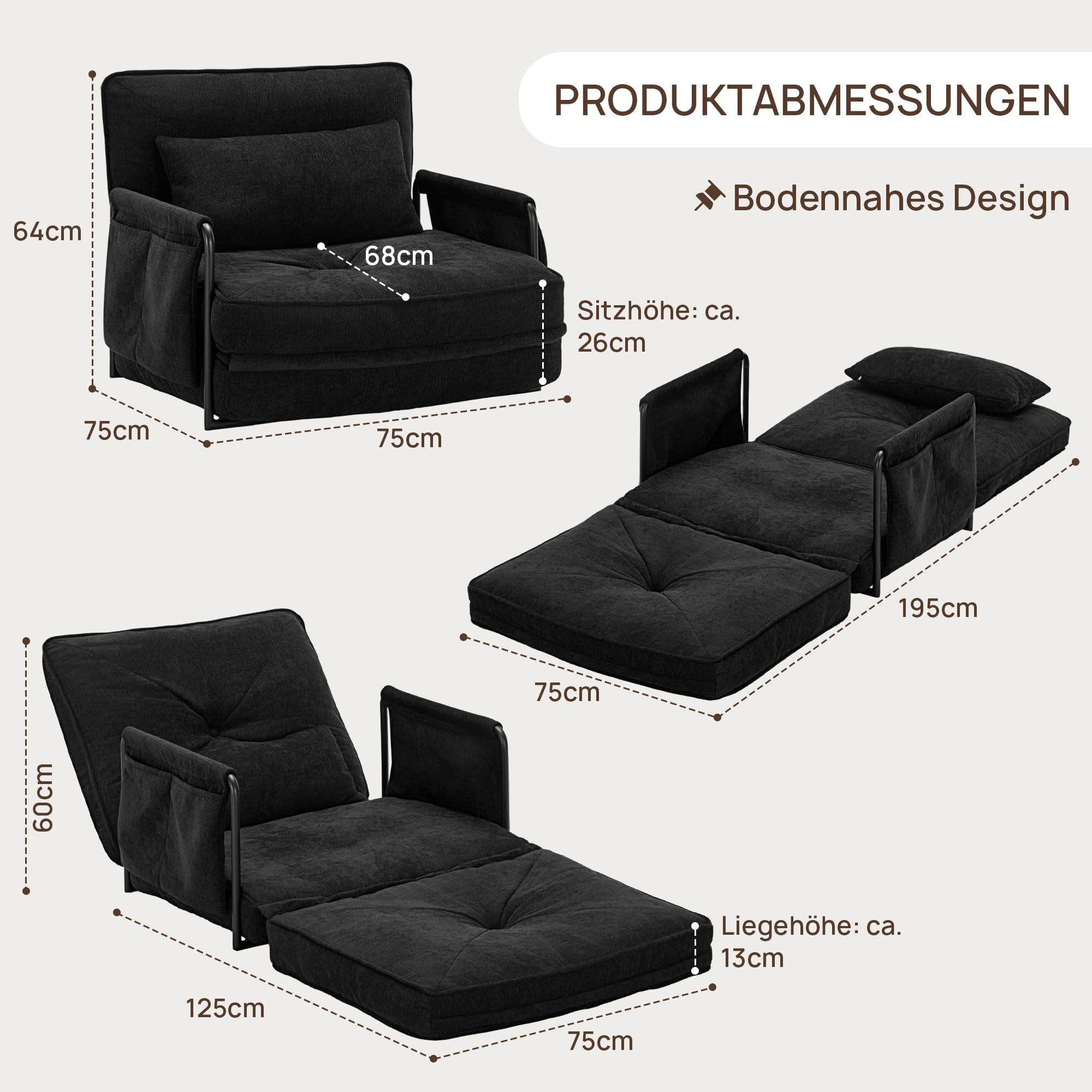 YINIX Faltbares Schlafsofa mit 5-stufig Verstellbarer Rückenlehne, Schlafsessel freistehend, 3-in-1 Bodensofa-Lounge mit Kissen für Wohnzimmer & Gäste (75cm-Einzelsitz)