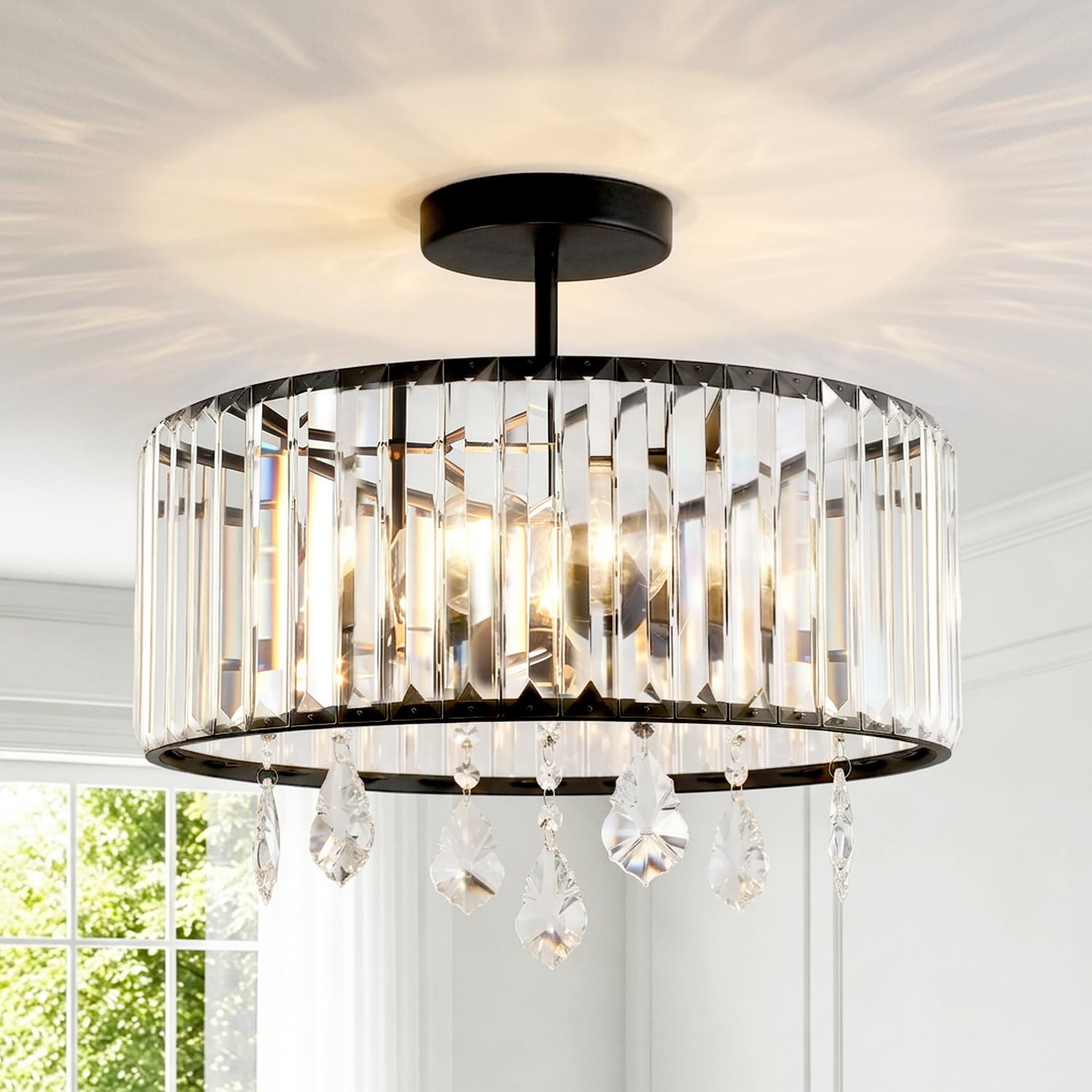 Anwio Black- E27 Base Black Ceiling Light,Ceiling Lights Living Room,Kitchen Lights Ceiling,Chandelier Lampshade,E27 Light Shade Ceilings,Morden Crystal Ceilings Light,Lounge Lights Ceiling(36.5Cm,3 Lamp Holder)
