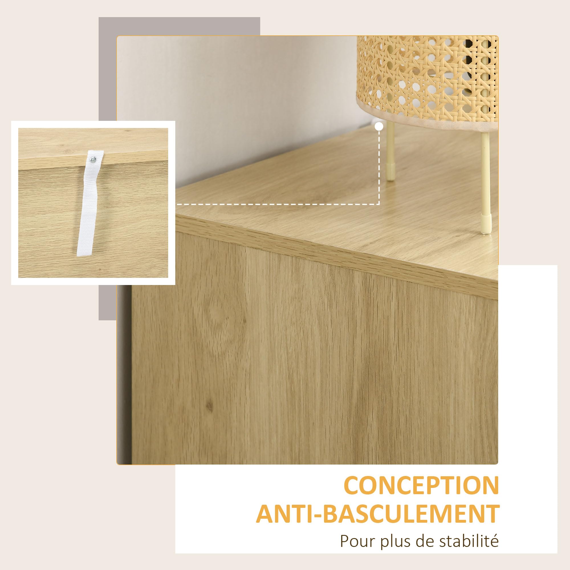 HOMCOM Cassettiera a 3 cassetti, cassettiera per camera da letto, stile bohémien, con telaio in legno, cassettiera in rattan per camera da letto, soggiorno, ingresso dim. 60 x 38 x 69 cm, legno