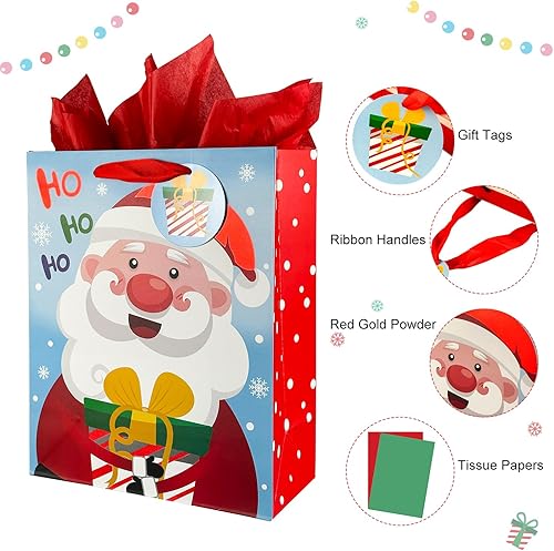 Miniatura 5 de GITMIWS Paquete de 12 bolsas de regalo de Navidad con papel de seda, bolsas de regalo grandes de papel de Navidad de 12.6 pulgadas para regalos de