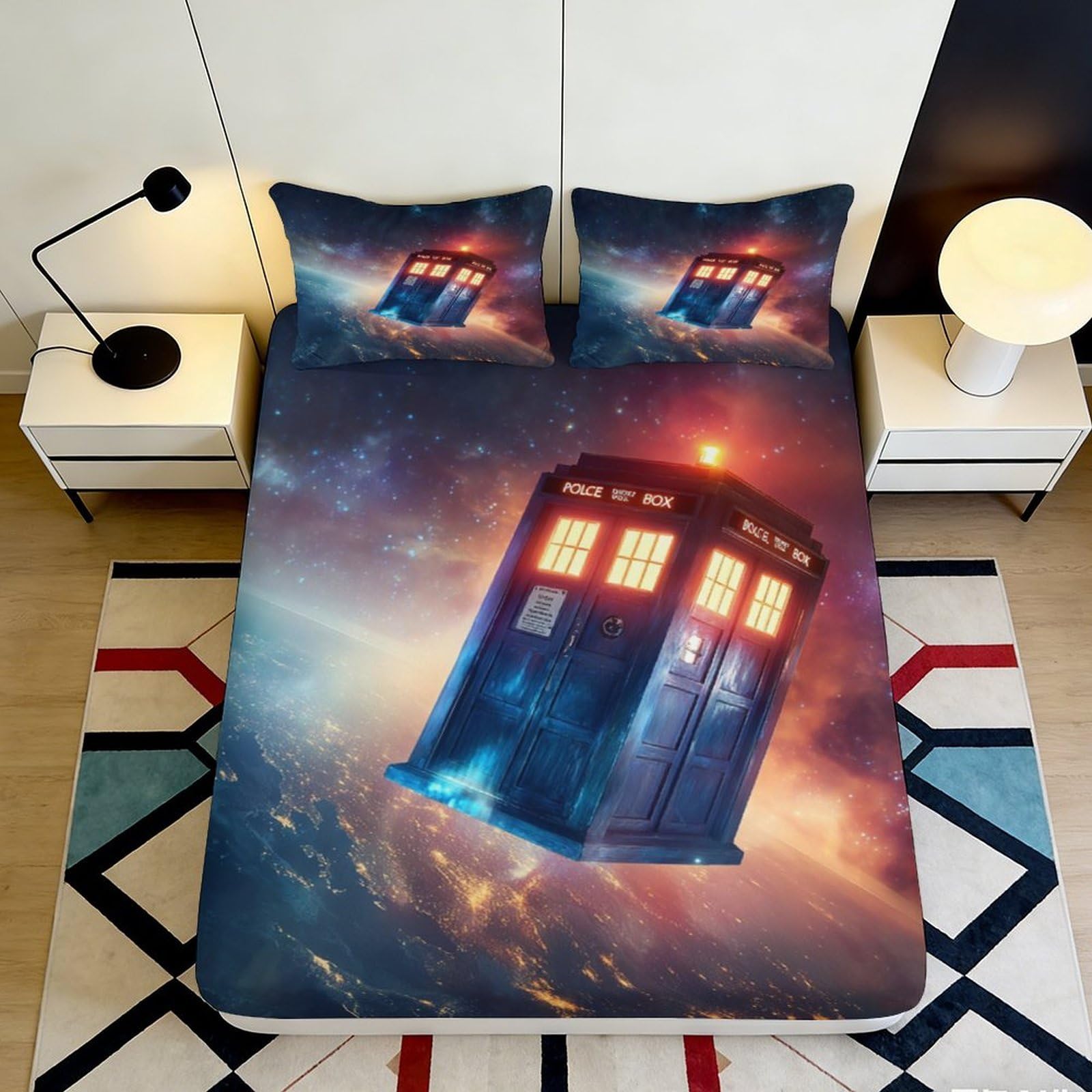 3D Printed Tardis Galaxy Fitted Sheet Microfiber Soft Breathable Cosmic Nebula Bed Cover for Bedroom Dormitory Guest Room Mattress Protection Decor 120x200x25cm