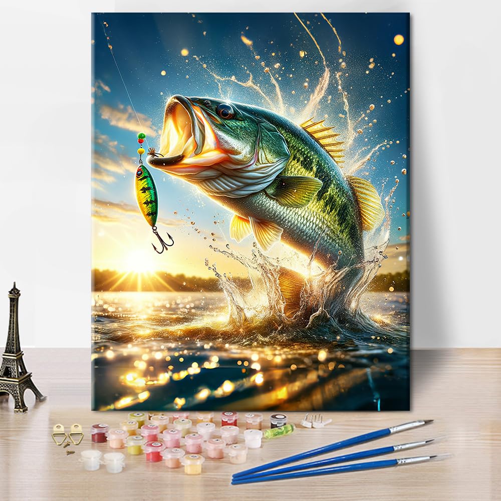 TISHIRON Adults Paint by Numbers Kit Largemouth Bass Fishing Scene Paint by Numbers for Adults Jumping Fish with Lure Outdoors Sportsman DIY Canvas Art Acrylic Paints Brushes Included 16x20 Inch — image 1