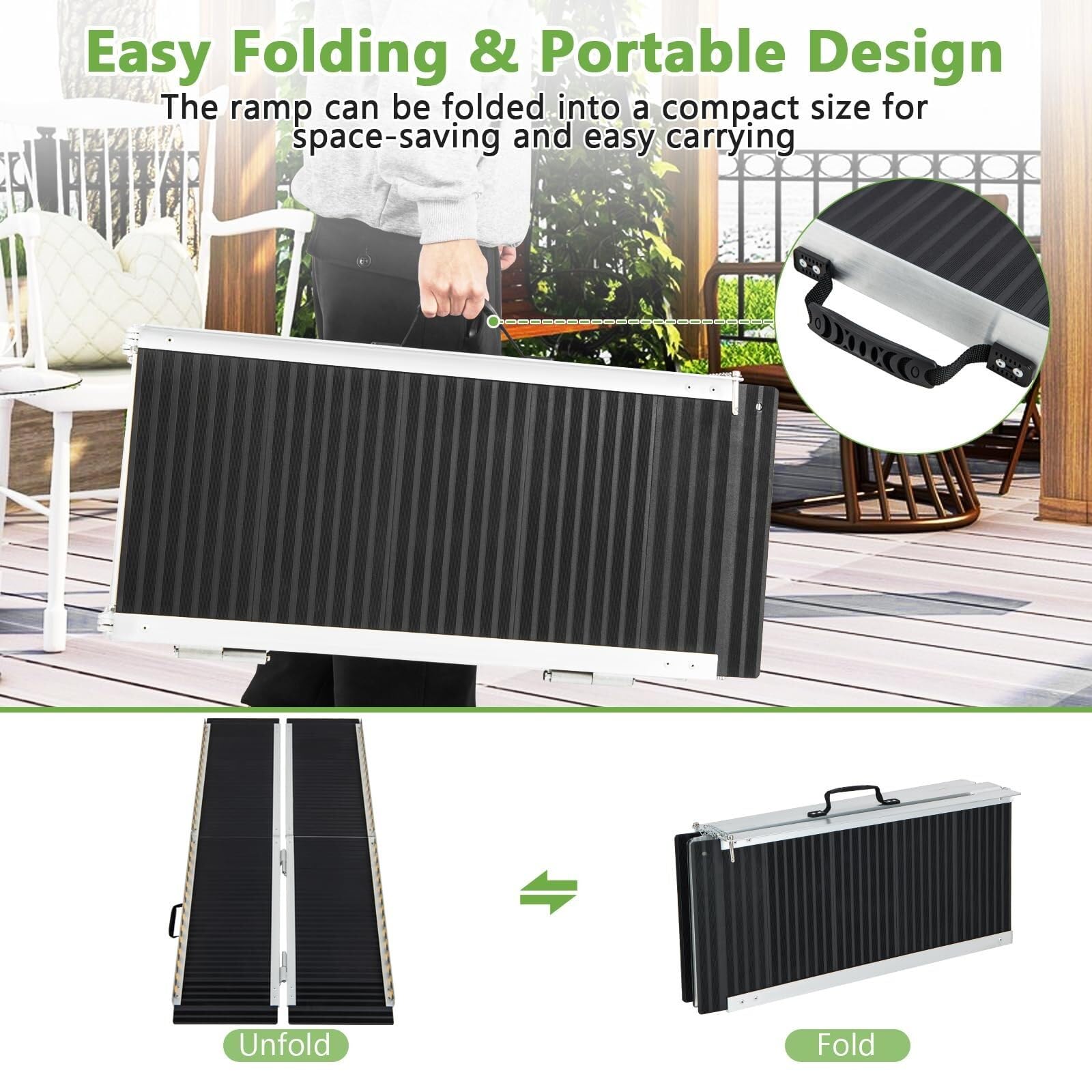 Rampa para silla de ruedas de 3 pies, 4 pies, 5 pies, 6 pies, rampa plegable de aluminio portátil con placa de transición y calcomanías reflectantes de advertencia, umbral antideslizante para