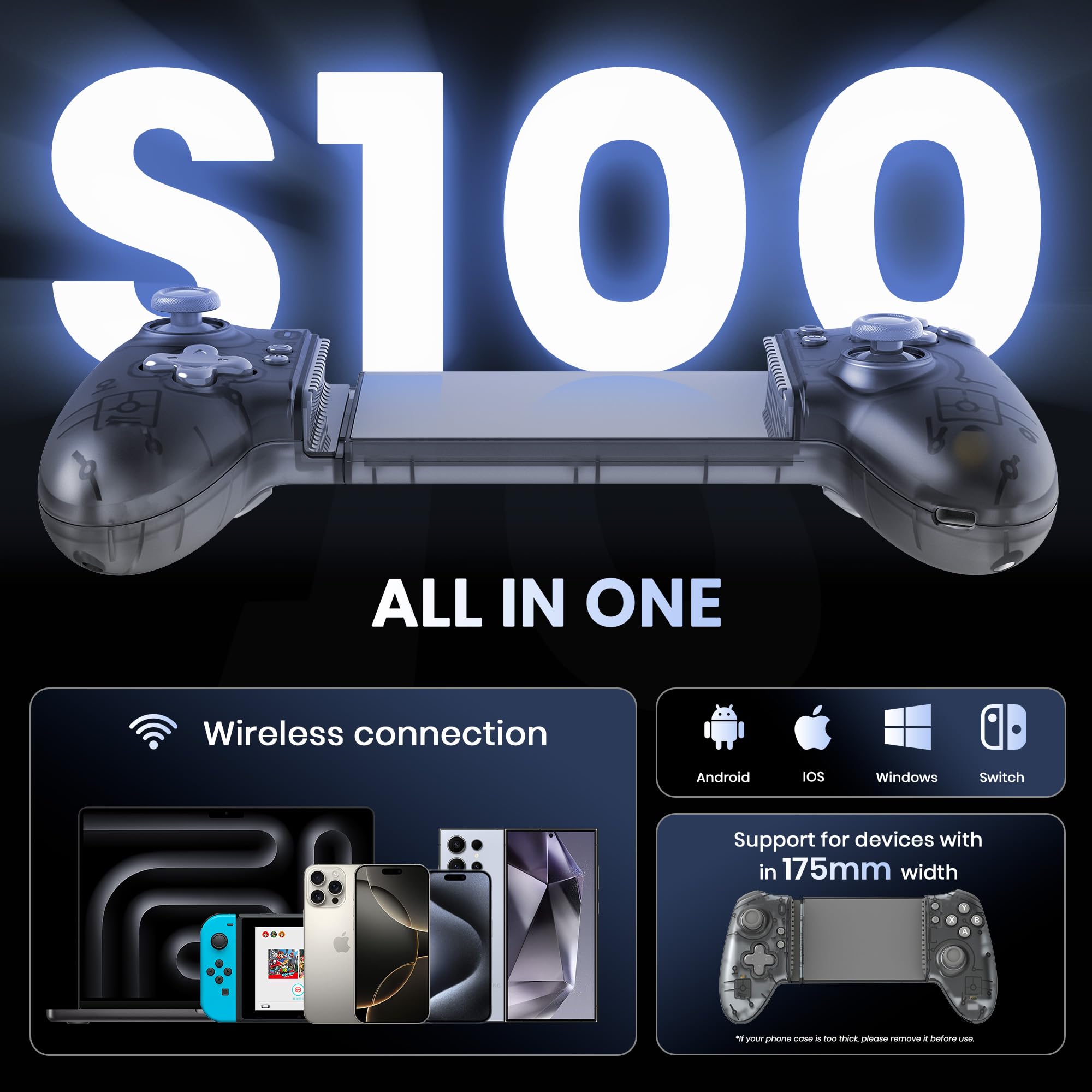 miadore Handy Controller für iPhone/Android Smartphone/Switch | Mobilephone Bluetooth Controller mit Hall Effect Joysticks,2 Pro Back Buttons,Wake-Up Function