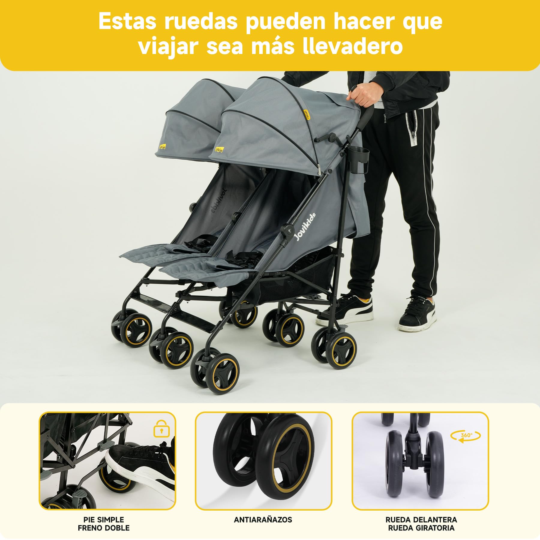 Jovikids Passeggino Gemellare Leggero per Bambini 0-36 Mesi, Doppio Passeggino per Gemelli/Fratelli fino a 15 kg, Cappottina Estesa, 5 Punti di Sicurezza, 2 Grandi Cestini (Grigio)