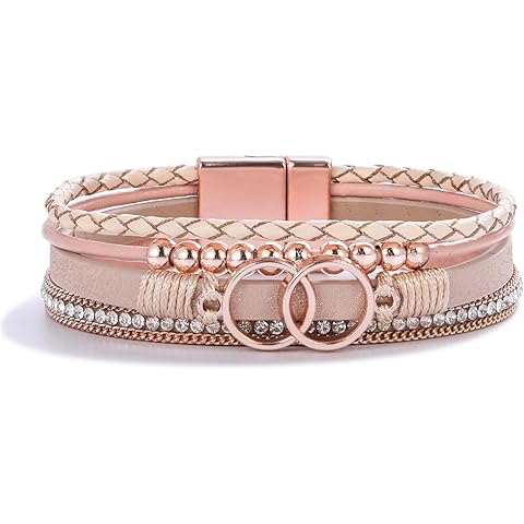 FANCY SHINY Boho Wrap Bracelets Leather Cuff Bangle Beaded Bracelets for Women Stackable Infinity Bracelets Jewelry Gift Mom with Magnetic Clasp