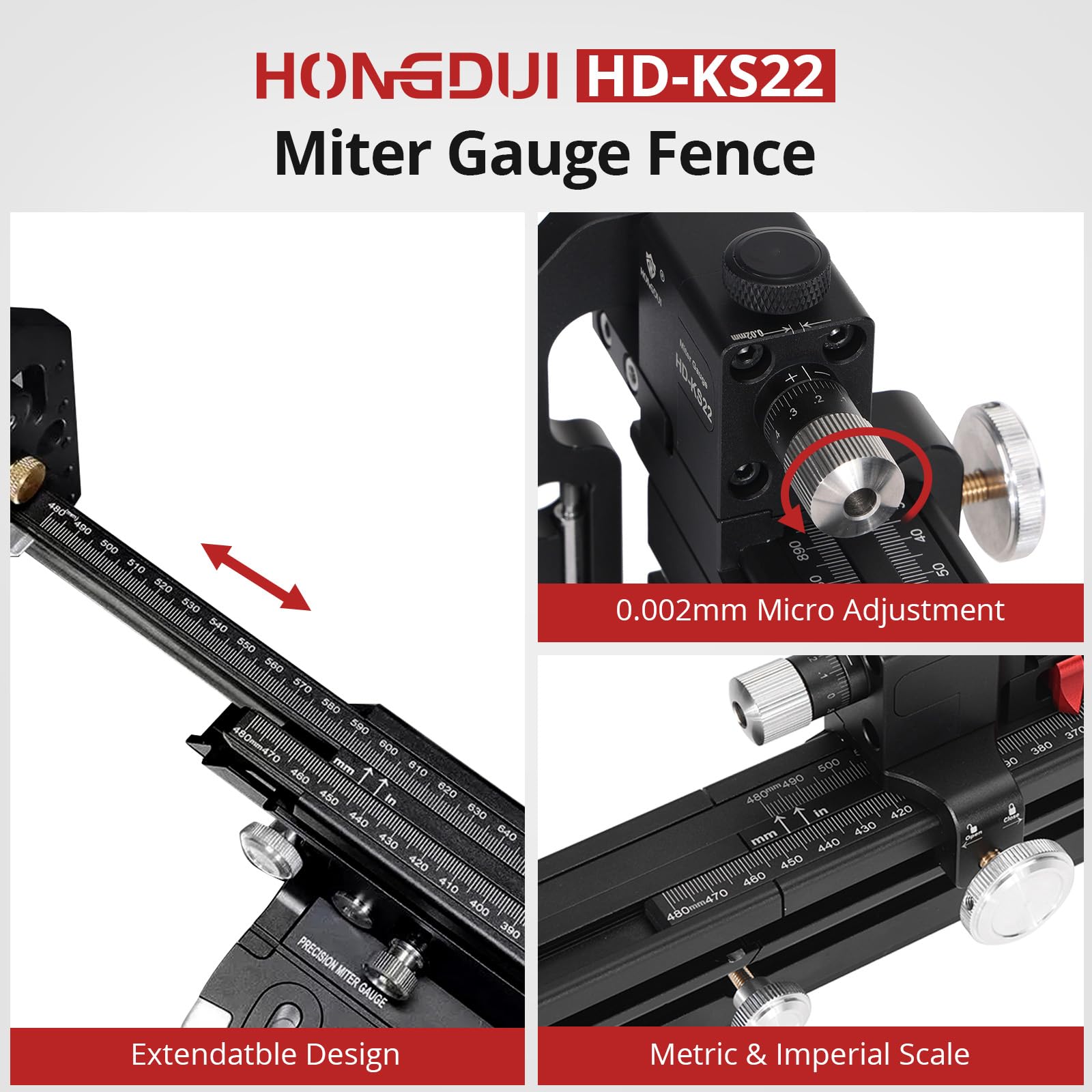 HONGDUI Valla extendida de aluminio de 19 a 36 pulgadas con tope abatible ajustable compatible con HONGDUI MG21 y TB01, para sierra de mesa, carpintería, cinta de lectura dual mm/pulgada, KS22