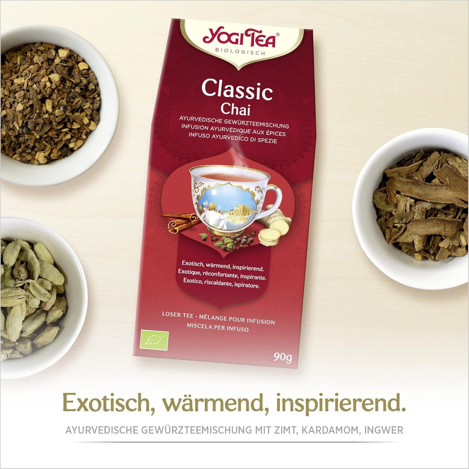 Yogi Tea - Classic Chai, Ayurvedischer Bio Gewürzteevon Natur aus koffeinfrei, Mischung aus Zimt, Kardamom und Ingwer, Yogi Tee loser Tee, 8er Pack à 90g (720g), Ideal als Geschenk