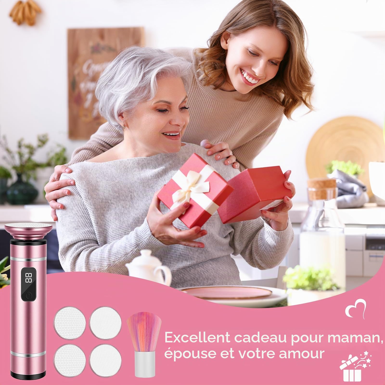 Ponceuse pour pied - Râpe électrique sans fil avec 4 embouts en verre nano - Vitesse réglable - Rape pieds pour talons fissurés, cors et callosités (Rose)