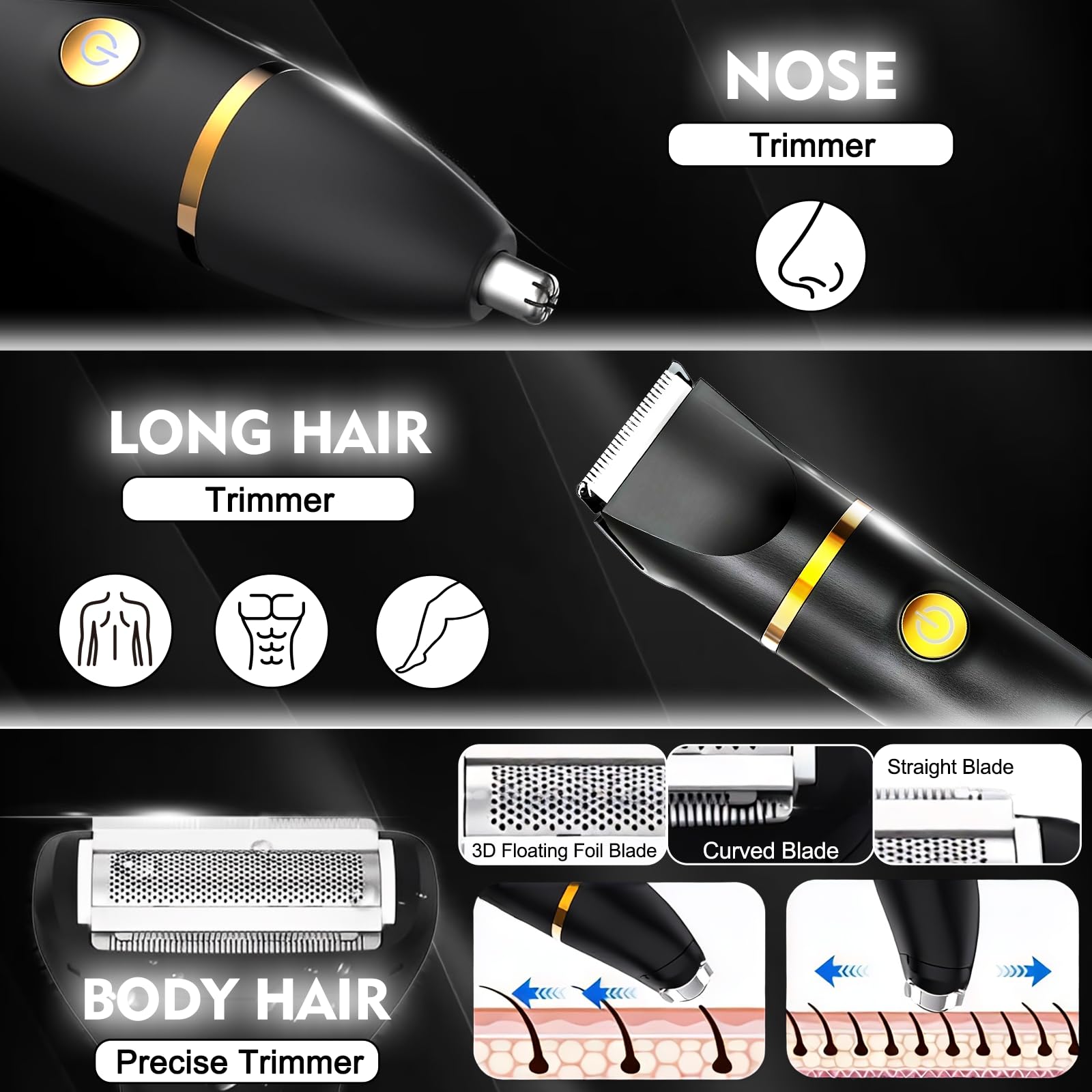 Rasoio elettrico 3 in 1 da uomo, indolore, versatile, ricaricabile tramite USB, con 3 teste, 3 pettini, kit rasoio elettrico impermeabile IPX6 con display digitale a LED, per la cura di barba, petto