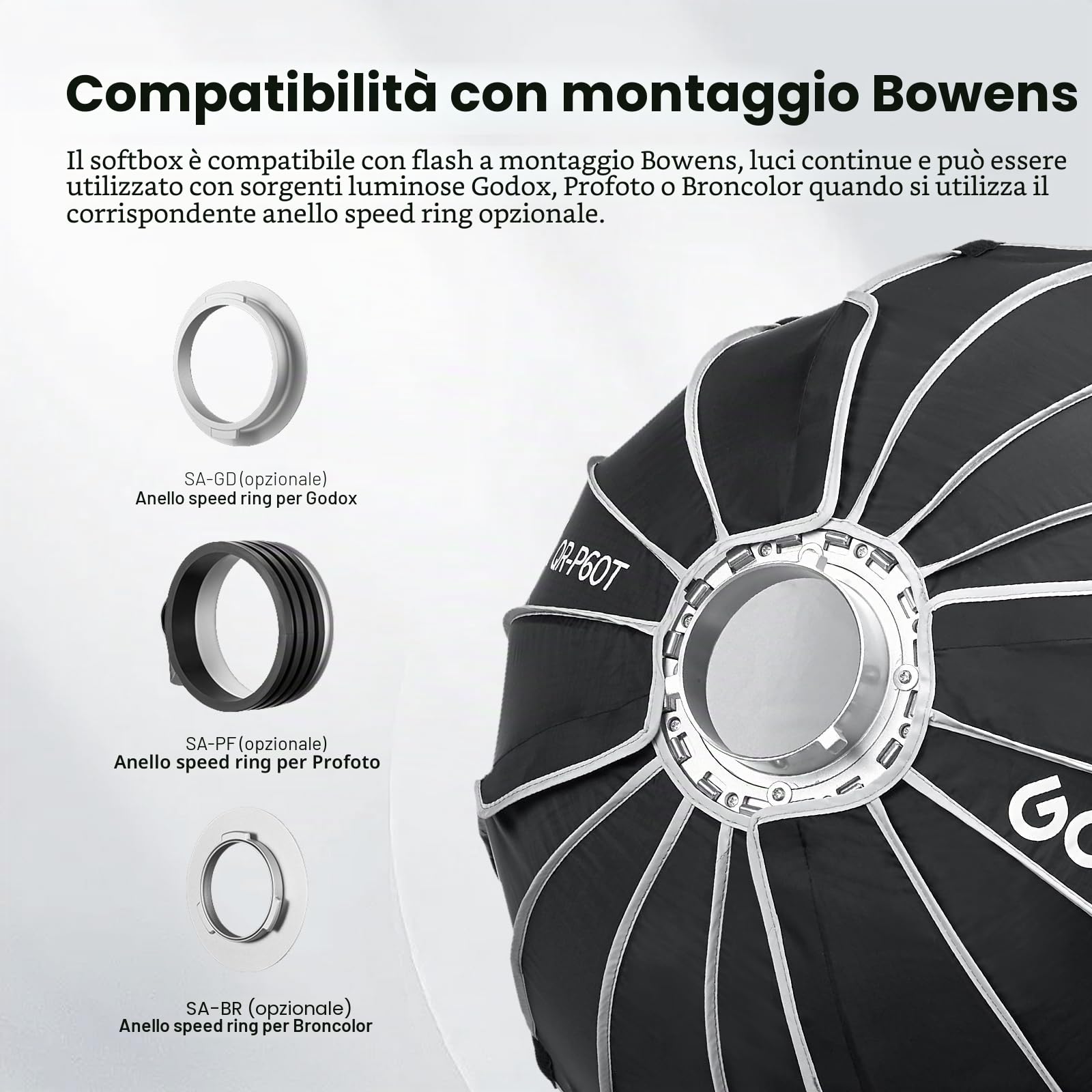 GODOX QR-P60T Softbox parabolico a sgancio rapido con griglia a Nido d'Ape, Supporto Bowen con Borsa da Trasporto per diffusore Anteriore e Interno MS300 MS300-V SK400II QT400III QT600
