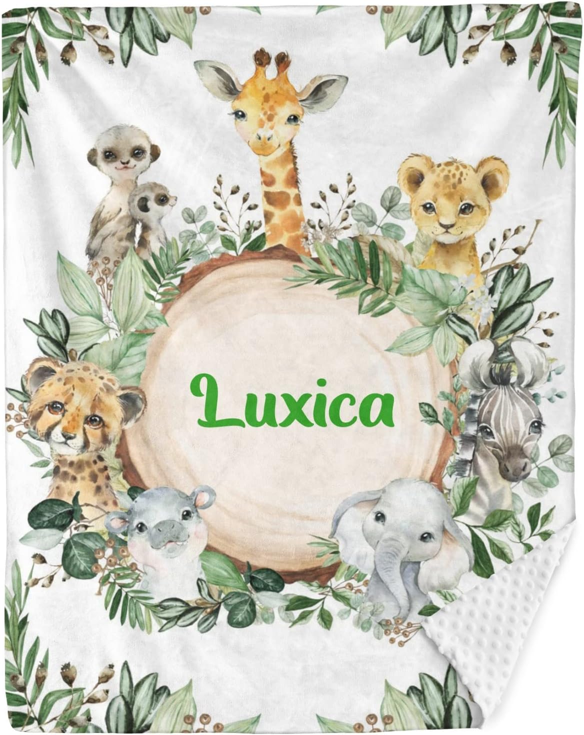 Safari Wild Jungle Animals Personalized Baby Blanket for Newborn Boys Girls,Custom Soft Minky Blanket Double Layer Dotted 35X45 in