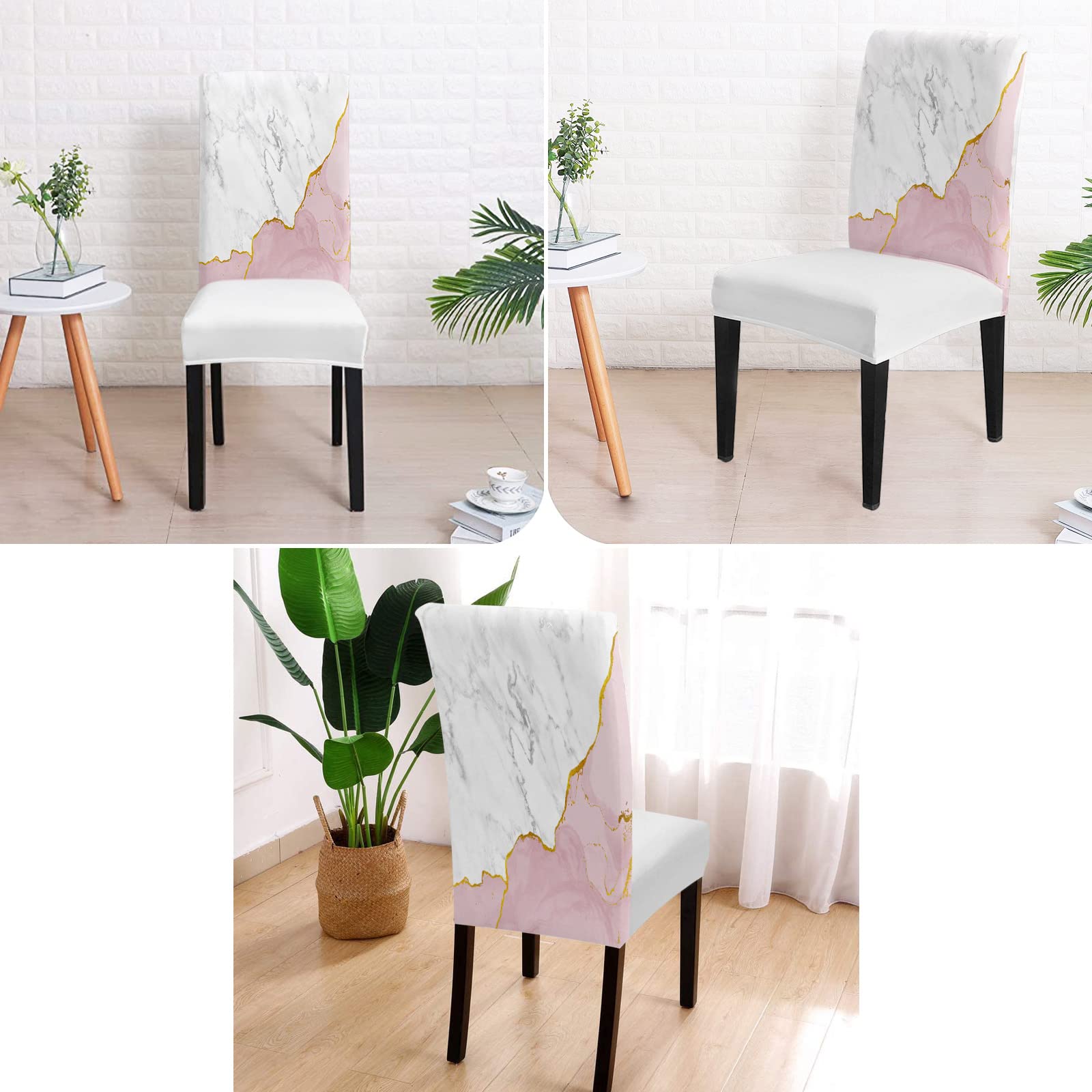 Marble Pink Dining Chair Cover Set of 4,Stretch Chair Protectors Slipcover,Spandex Kitchen Chair Seat Back Cushion Slip Cover for Dining Room,Party,Ceremony Marbling White Gray Gold Modern Abstract